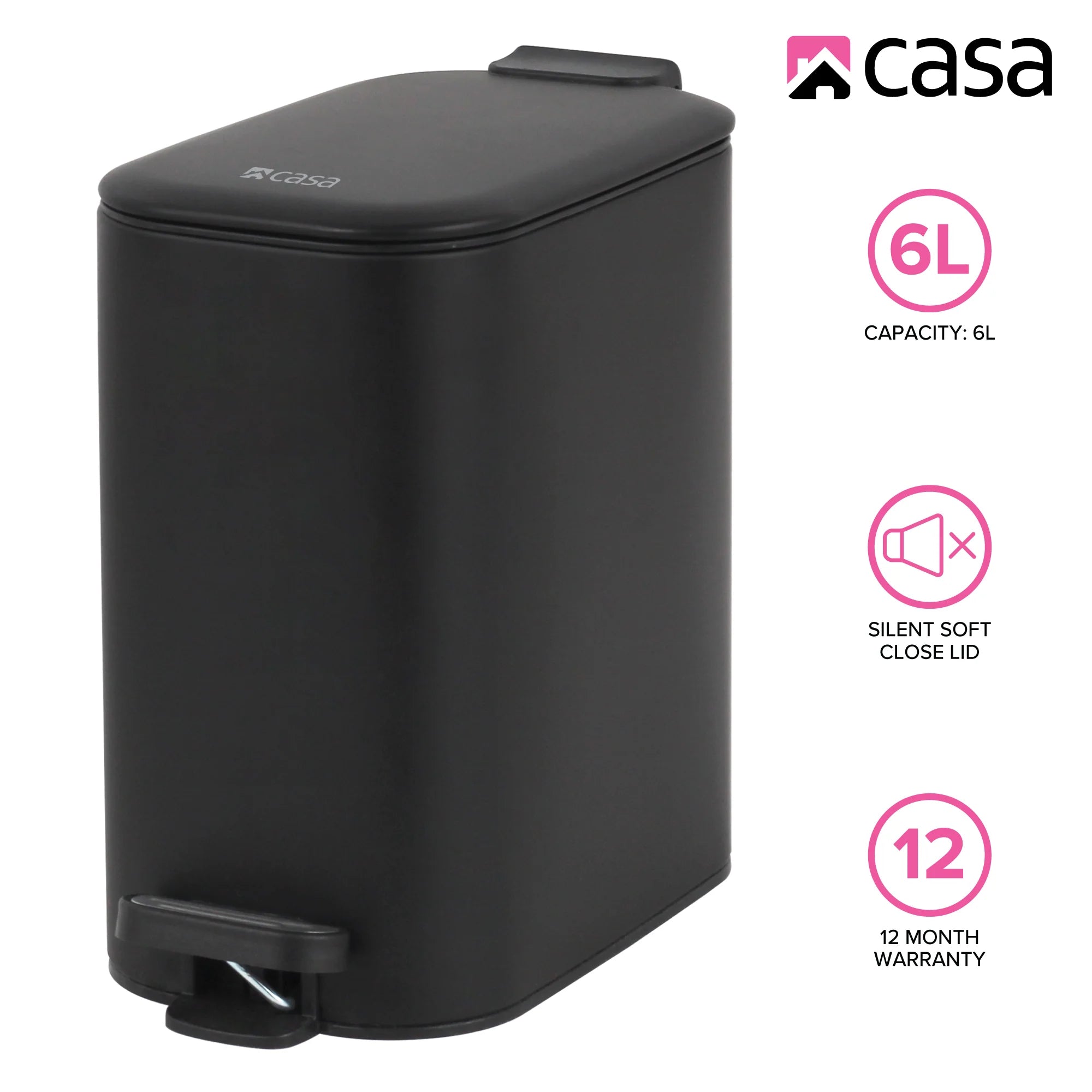 6L Steel Pedal Bin | Slimline Rectangle | Portofino
