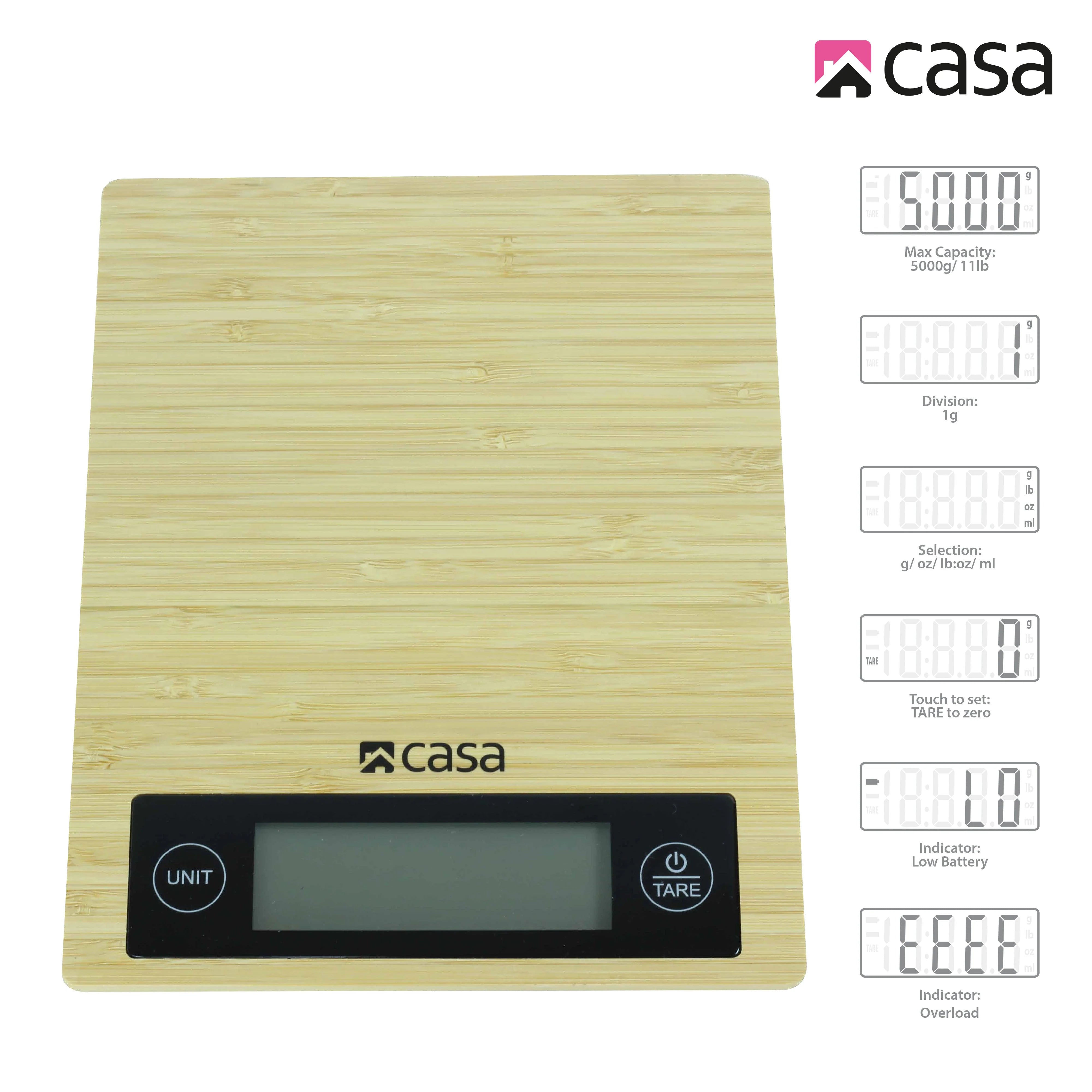 Kitchen Digital Scale - Bamboo - Large Backlit Display