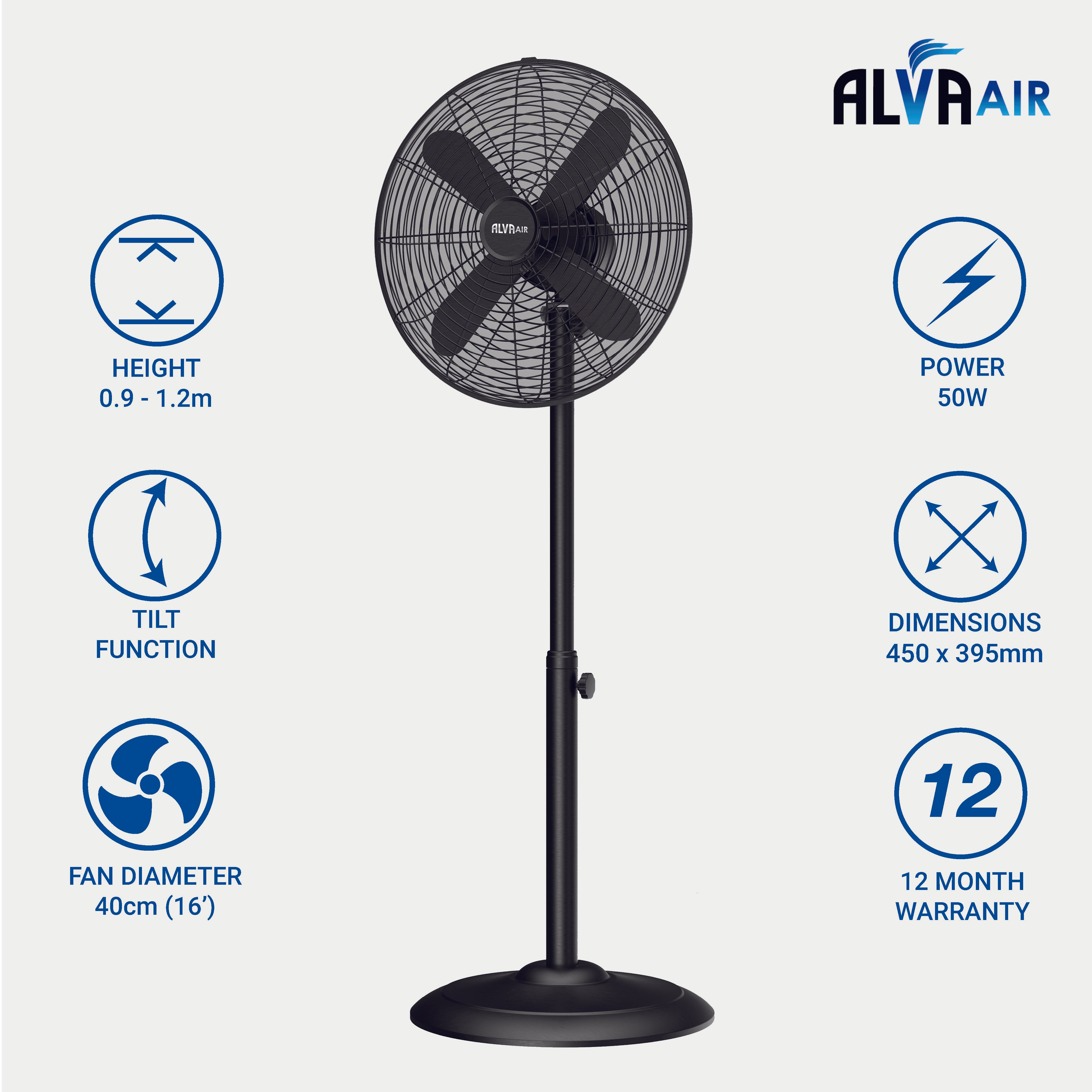 40cm Metal Telescopic Pedestal Fan 1.2M Tall (Matte Black)