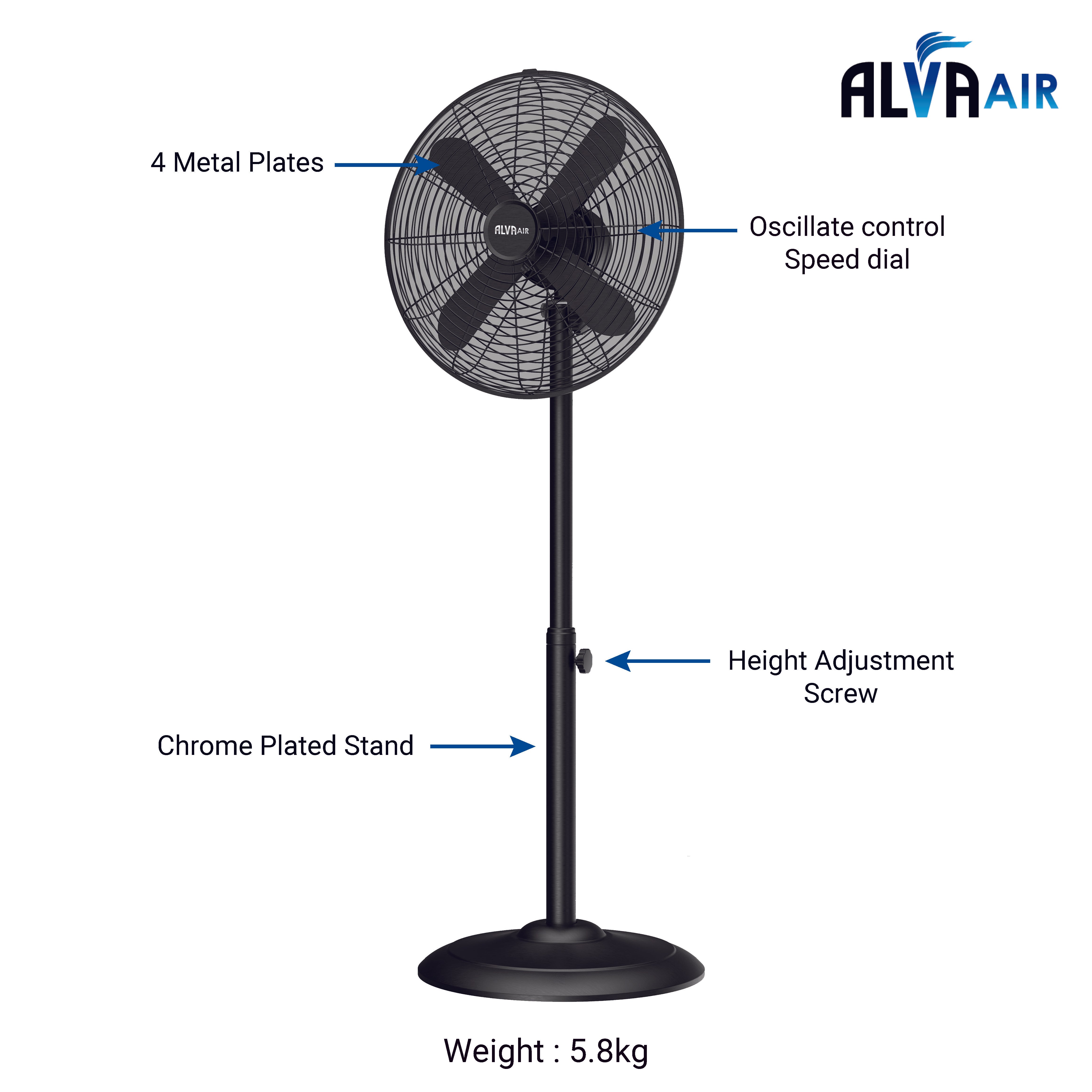 40cm Metal Telescopic Pedestal Fan 1.2M Tall (Matte Black)