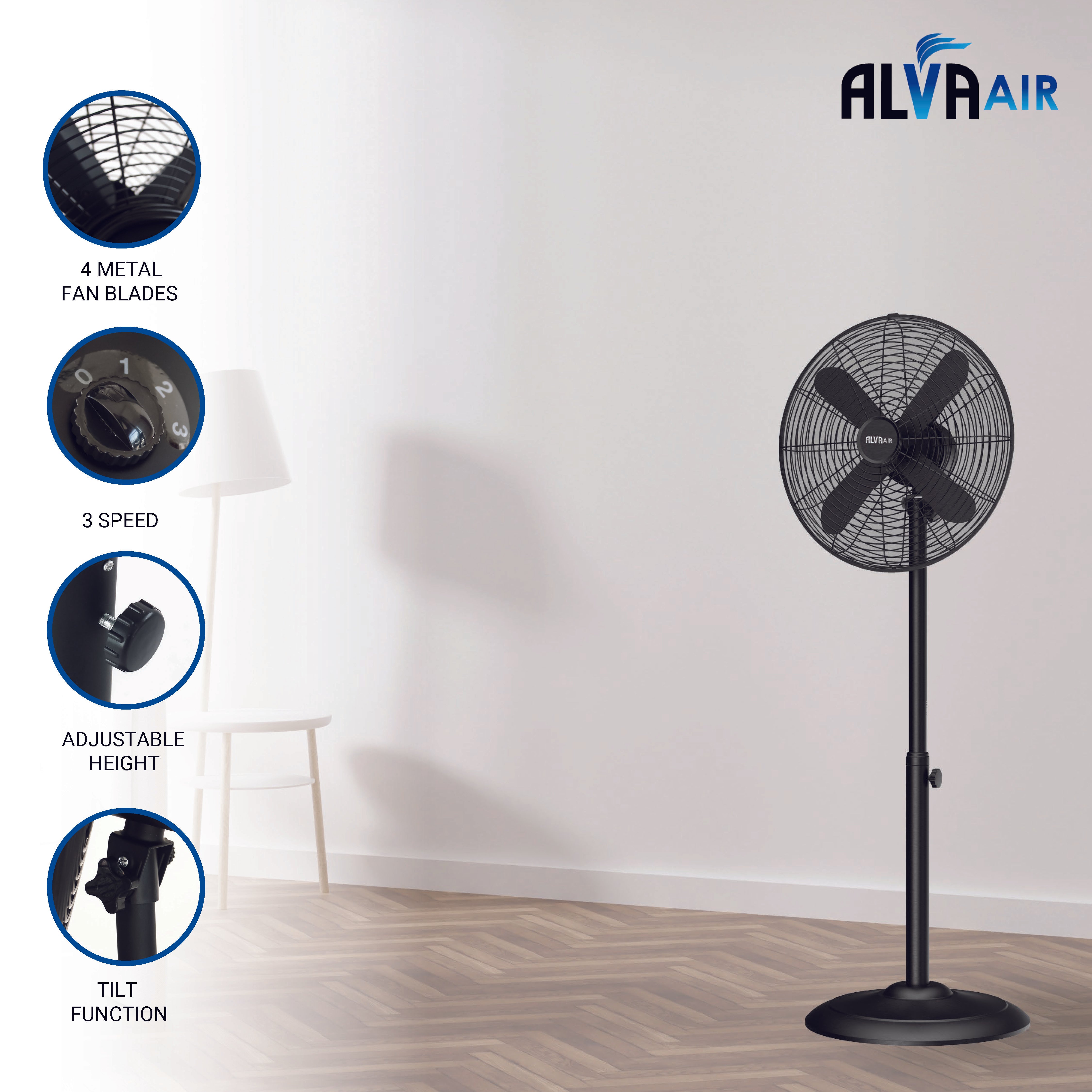 40cm Metal Telescopic Pedestal Fan 1.2M Tall (Matte Black)