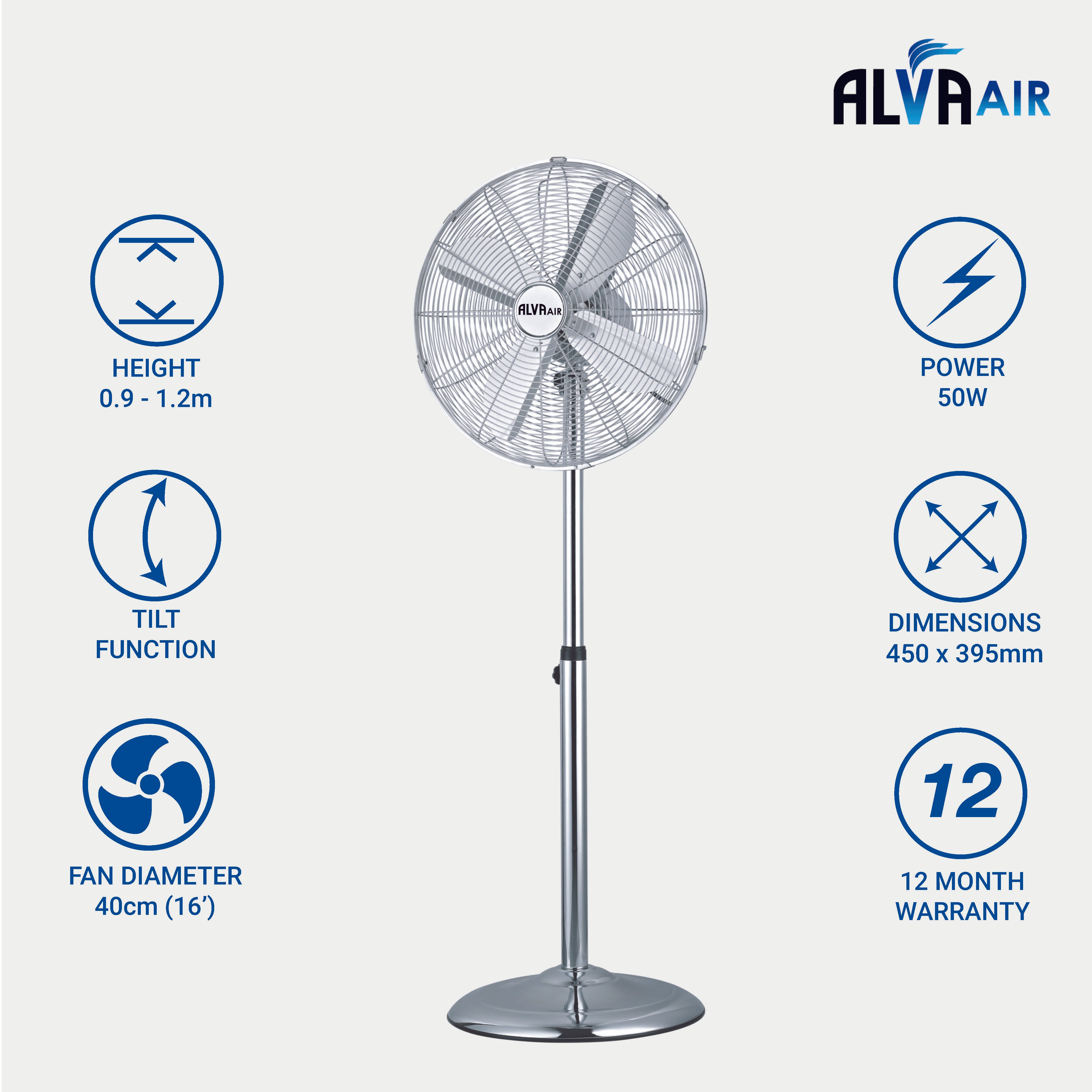 40cm Chrome Telescopic Pedestal Fan 1.2M Tall (Silver)