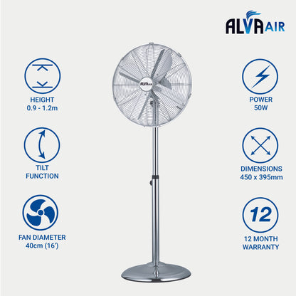 40CM CHROME TELESCOPIC PEDESTAL FAN 1.2m TALL (SILVER)