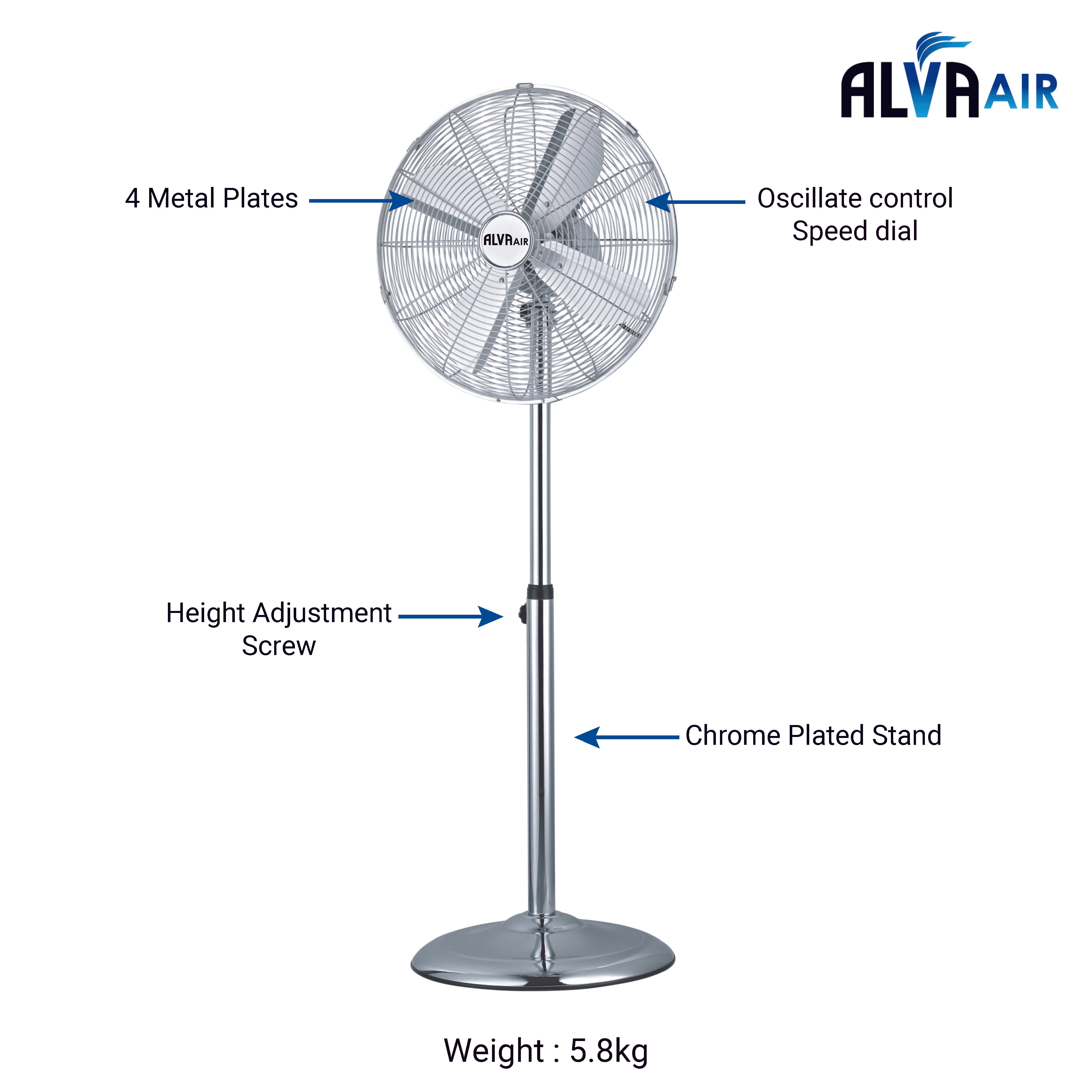 40cm Chrome Telescopic Pedestal Fan 1.2M Tall (Silver)