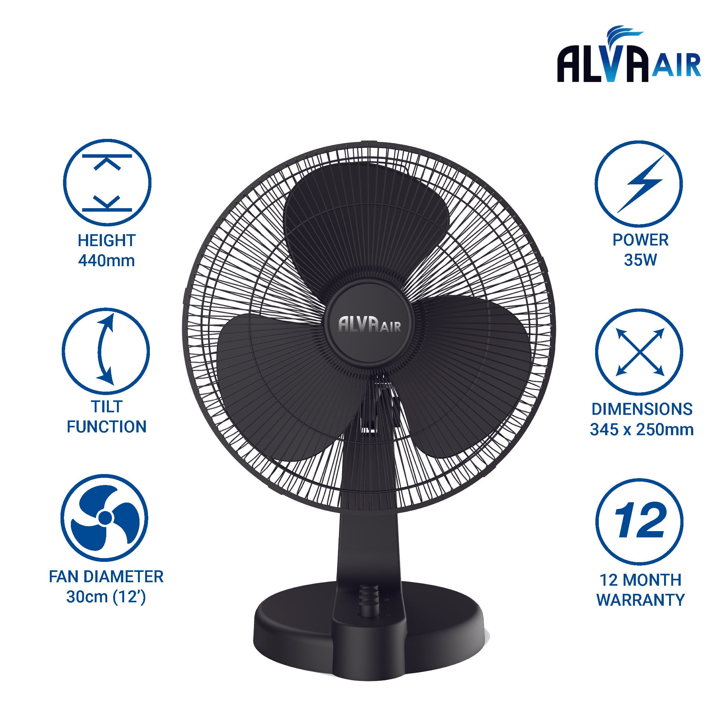 30cm Plastic Desk Fan (Black)