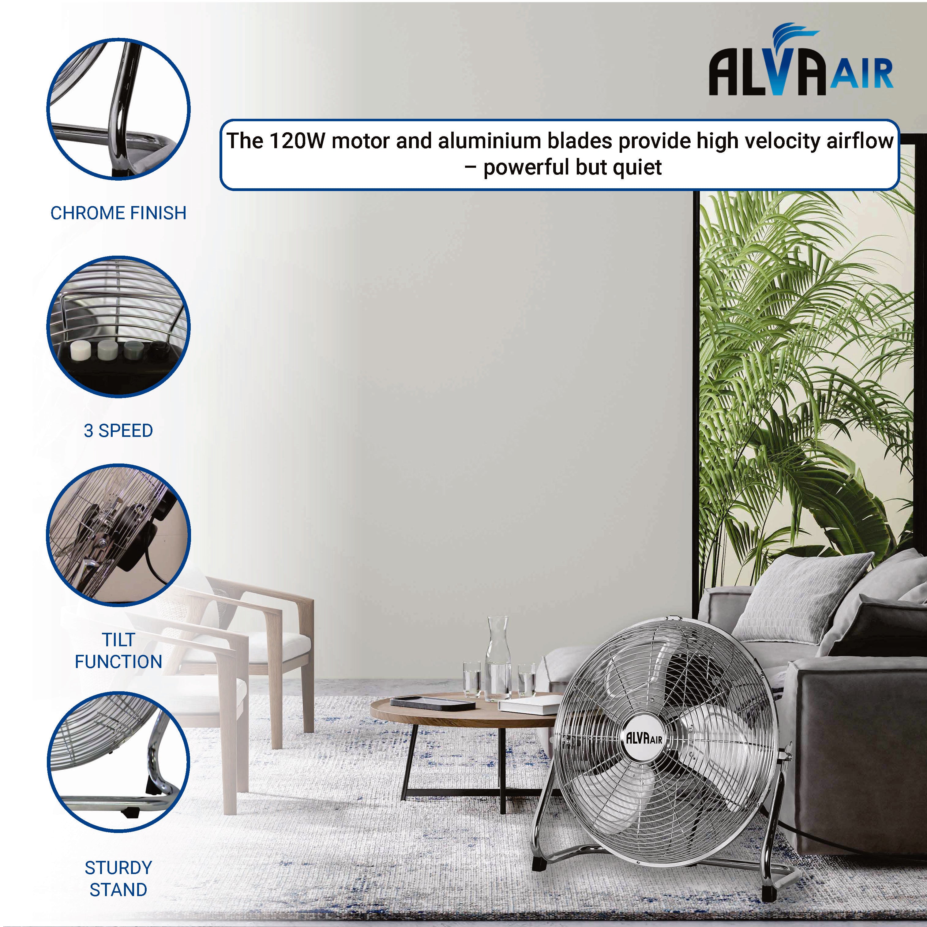 Pave Fans ALVA AIR - 40CM CHROME FLOOR FAN - HIGH VELOCITY (SILVER)