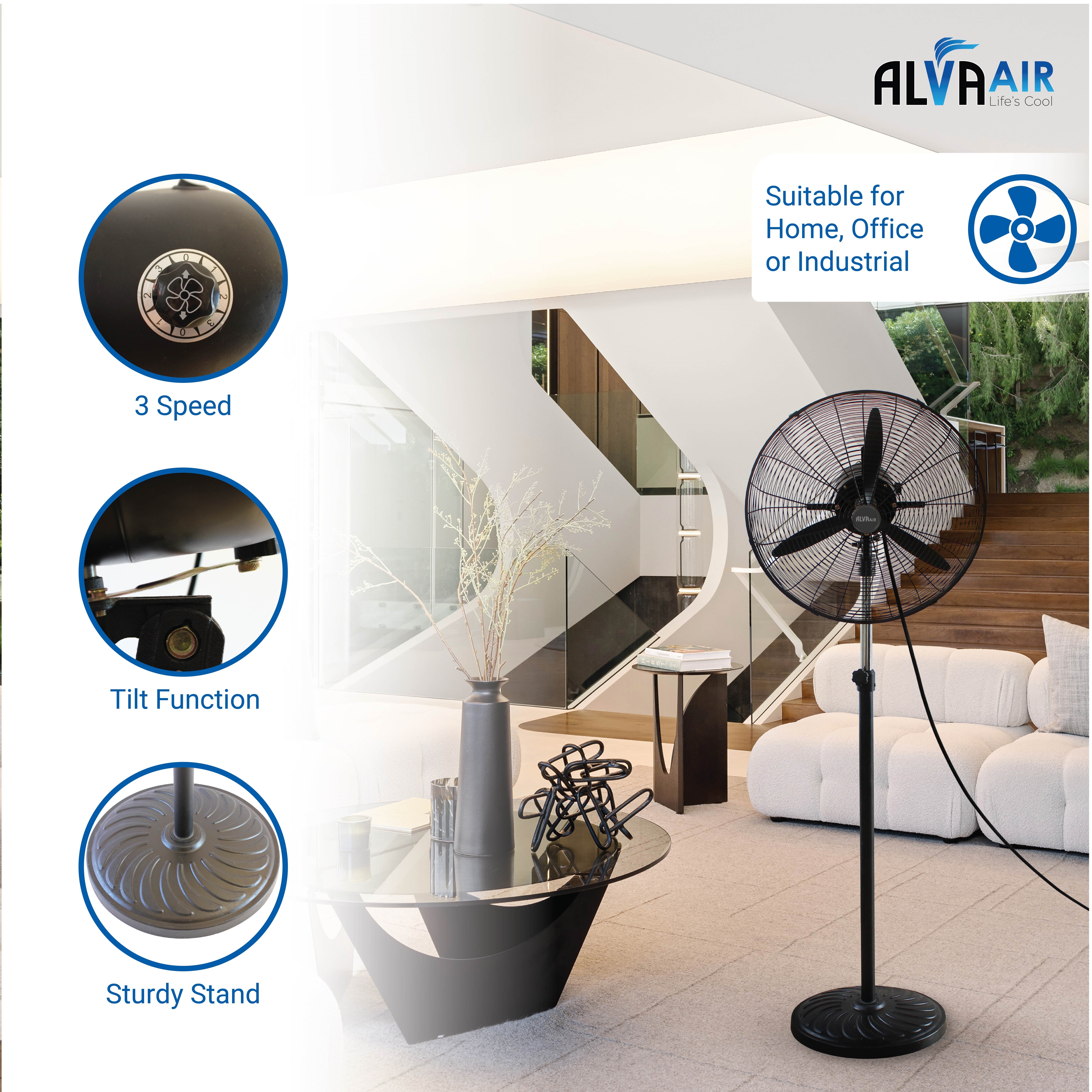 65cm Industrial Pedestal Fan Metal Telescopic (Matt Black)