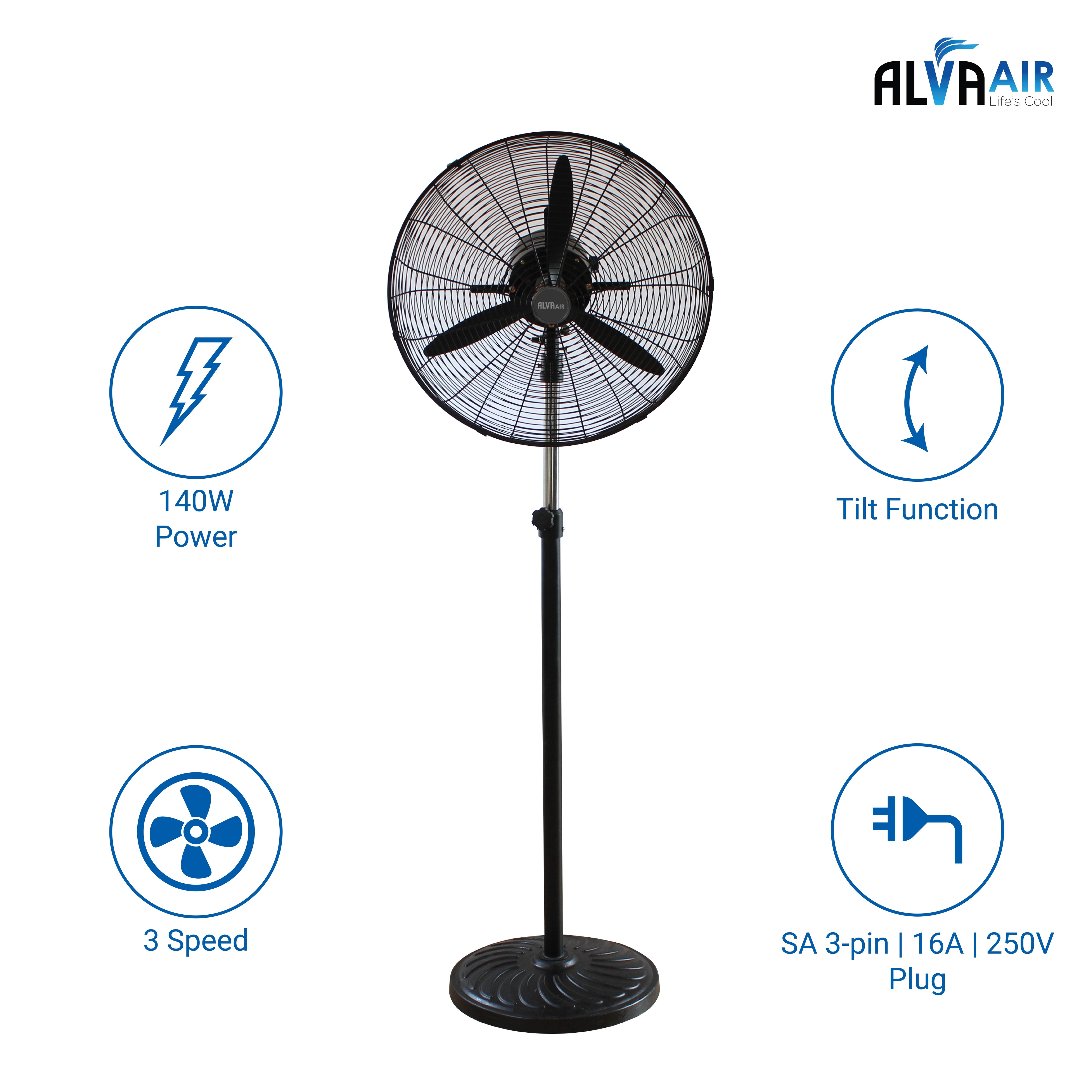 65cm Industrial Pedestal Fan Metal Telescopic (Matt Black)