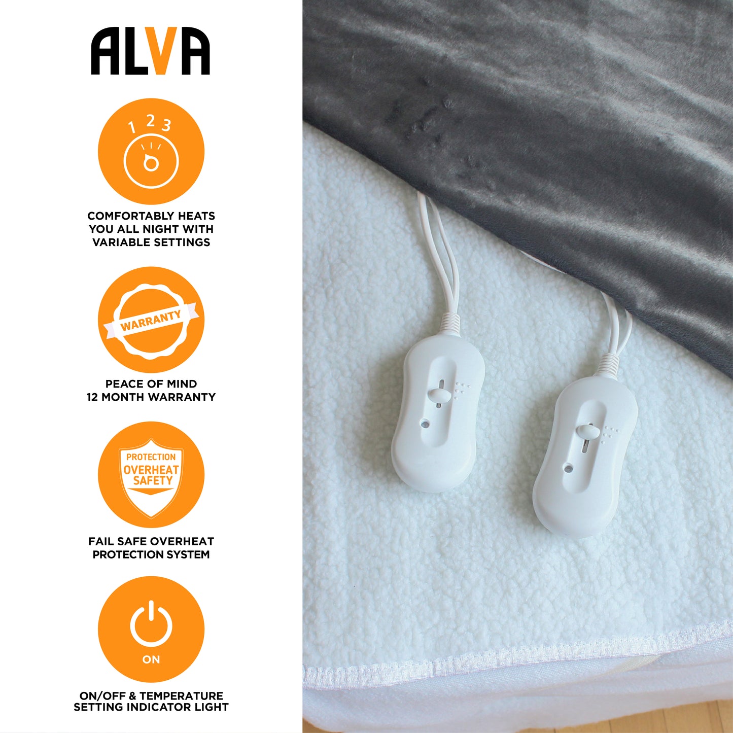 ALVA - DOUBLE - SHERPA FLEECE -FITTED ELECTRIC BLANKET w/ ELASTIC 137x188