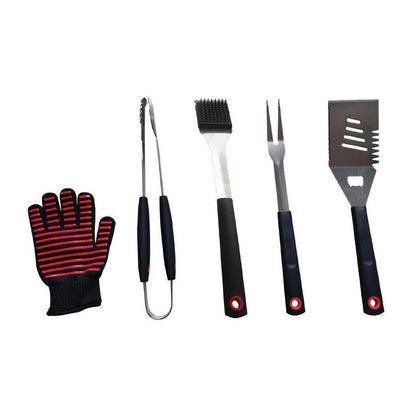 5PC BBQ TOOL SET IN CASE (FORK / BRUSH / TONGS / LIFTER / GLOVE)