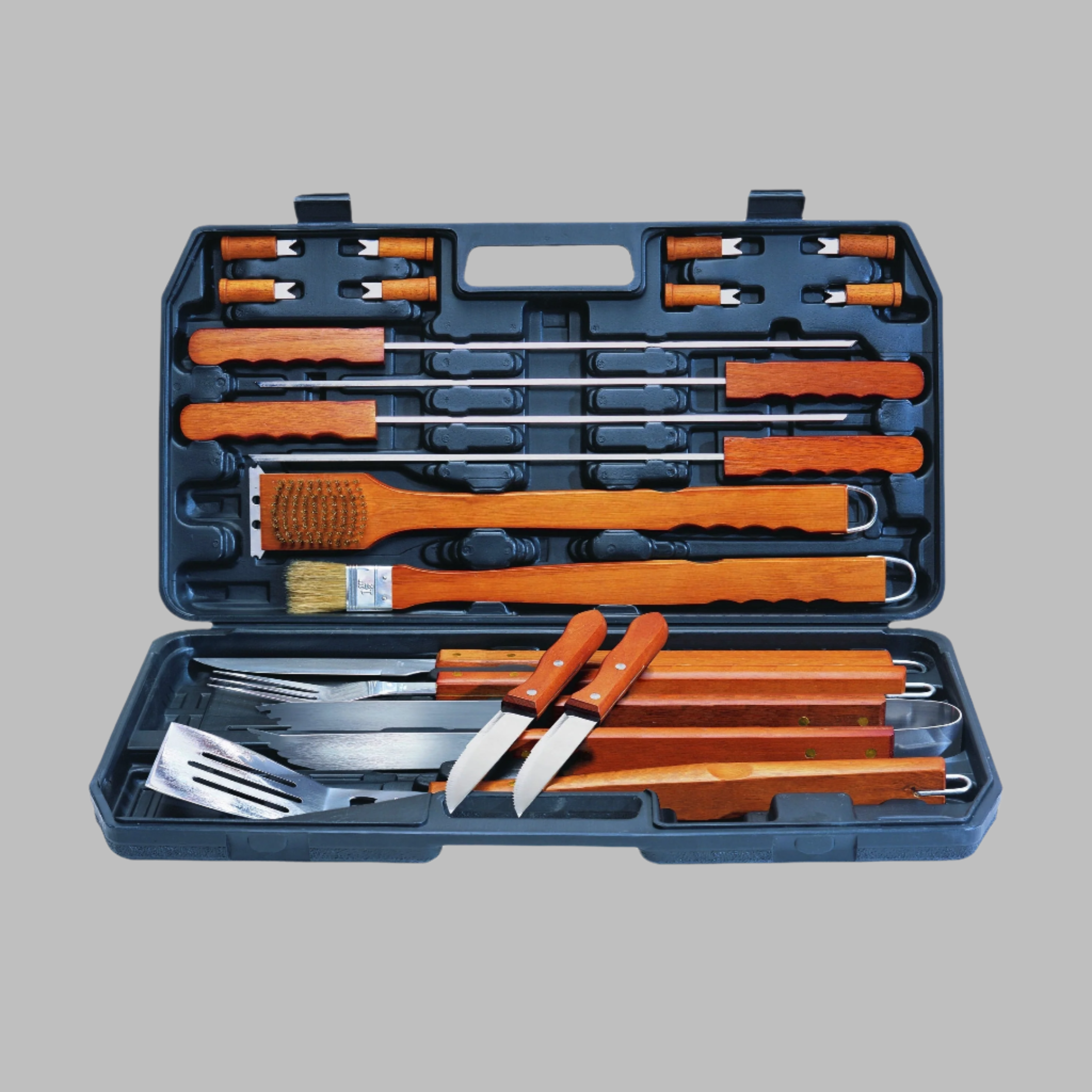21Pc Deluxe Wood-Handled BBQ / Braai Tool Set