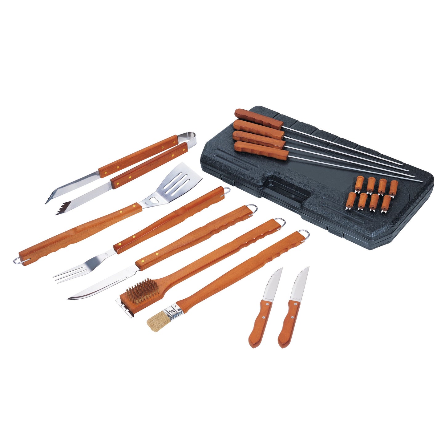 21PC DELUXE WOOD-HANDLED BBQ / BRAAI TOOL SET IN CARRY CASE