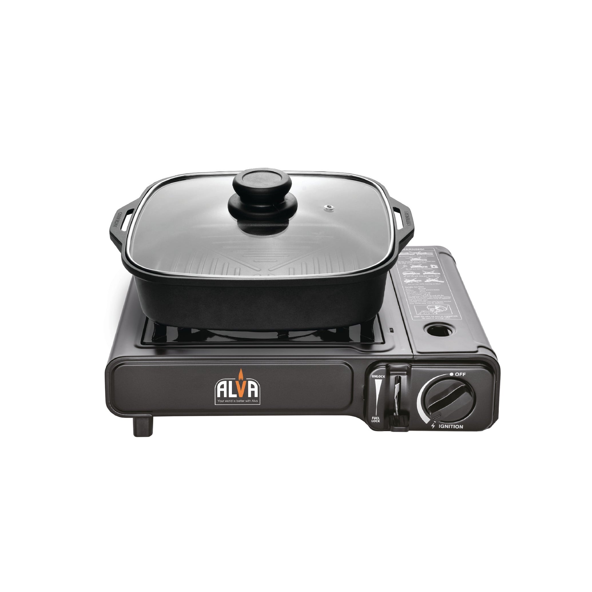 Single Burner Butane Gas Canister Stove + Cooking Pot & Lid - 1 Plate