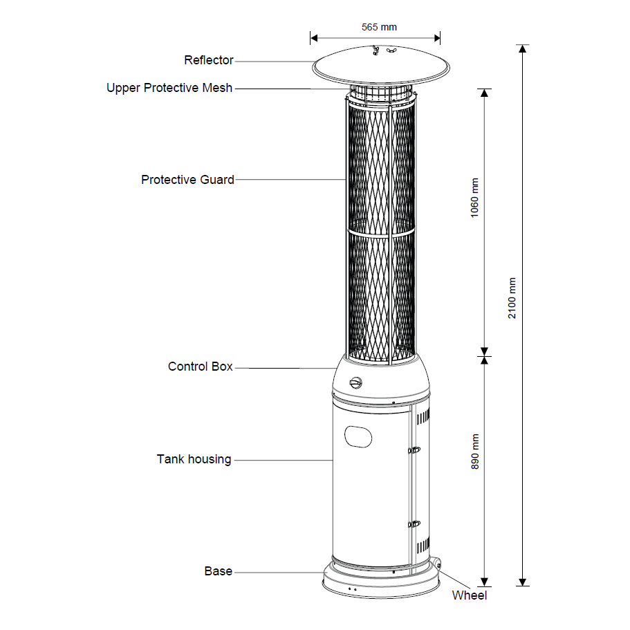 GAS PATIO HEATER GLASS FLAME TUBE - 2.1M - TALL - HAMMERTONE