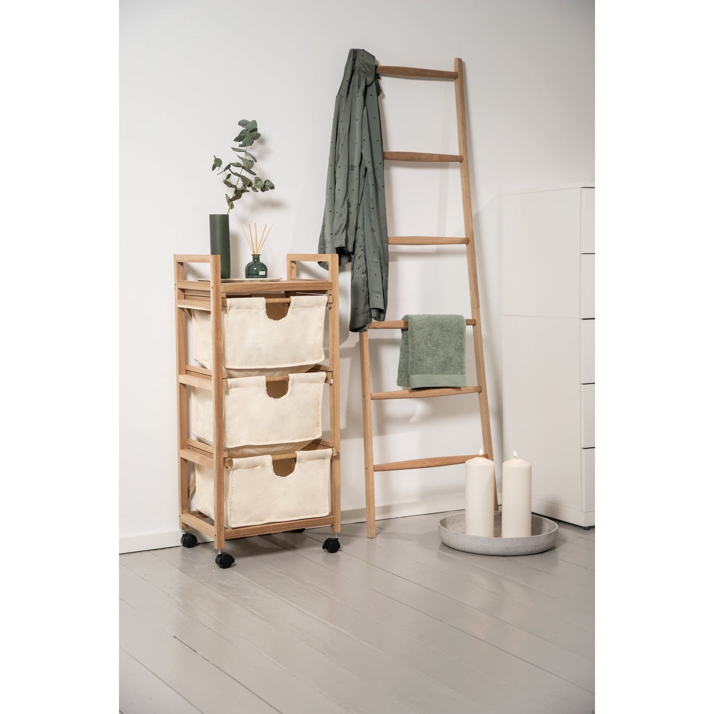 LAUNDRY TROLLEY W. 3 DRAWERS - ACINA RANGE - ACACIA WOOD