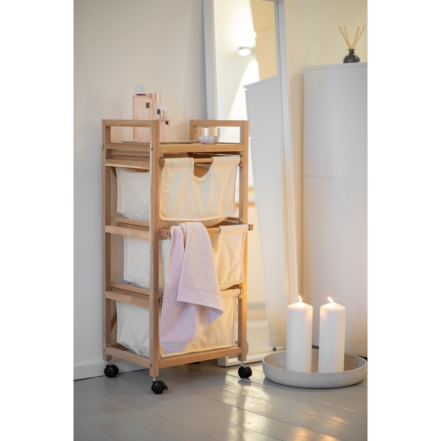 LAUNDRY TROLLEY W. 3 DRAWERS - ACINA RANGE - ACACIA WOOD