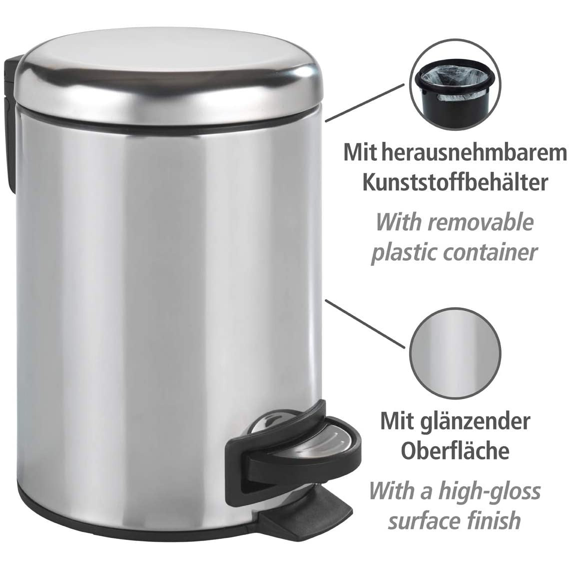 3L PEDAL BIN - LEMAN - STAINLESS STEEL - SHINY