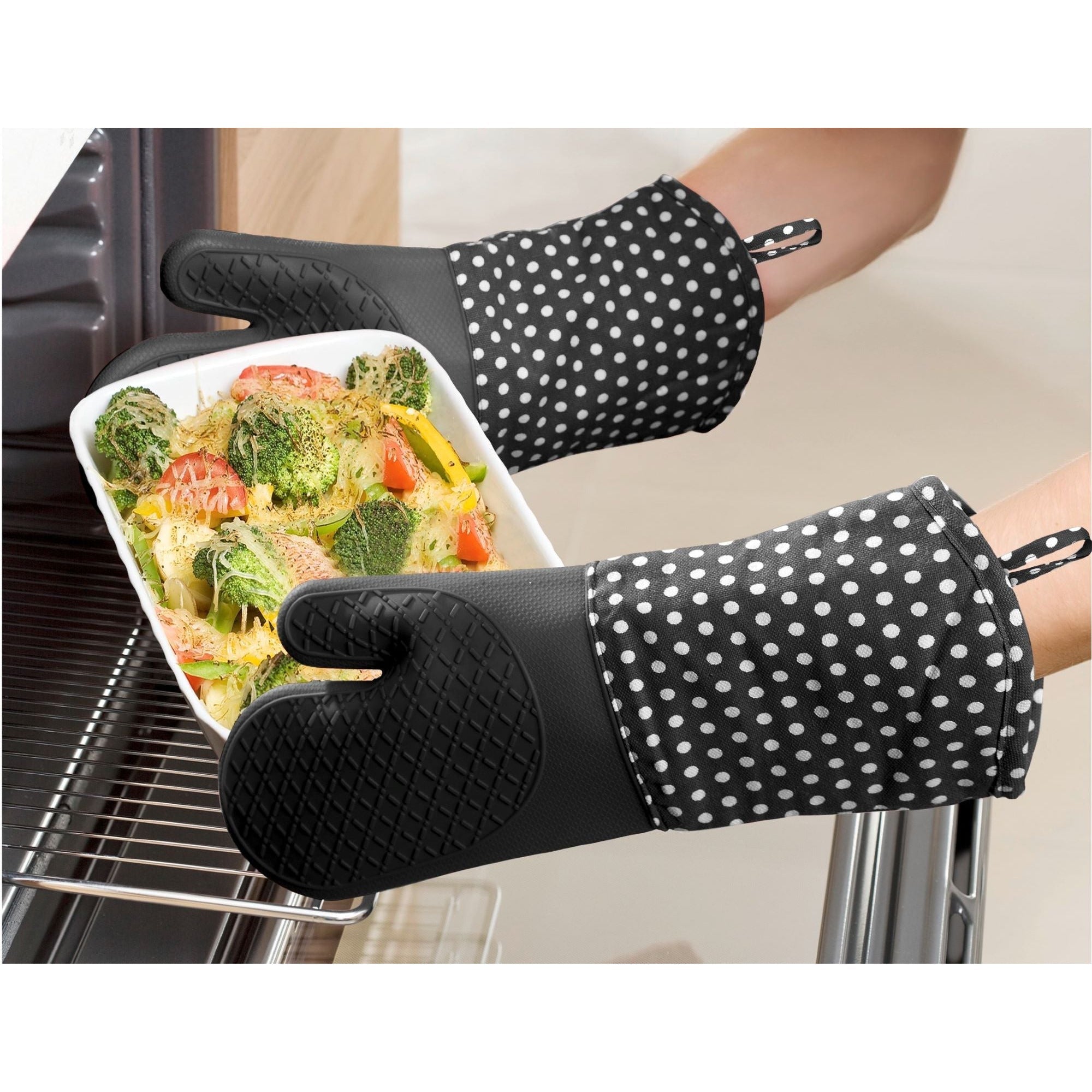 Oven Gloves Silicone 2 Pcs - Black W/ White Dots