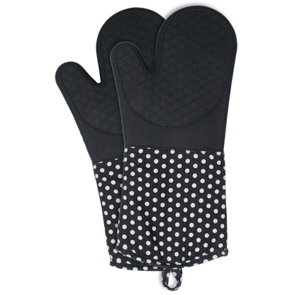 OVEN GLOVES SILICONE 2 PCS - BLACK W/ WHITE DOTS