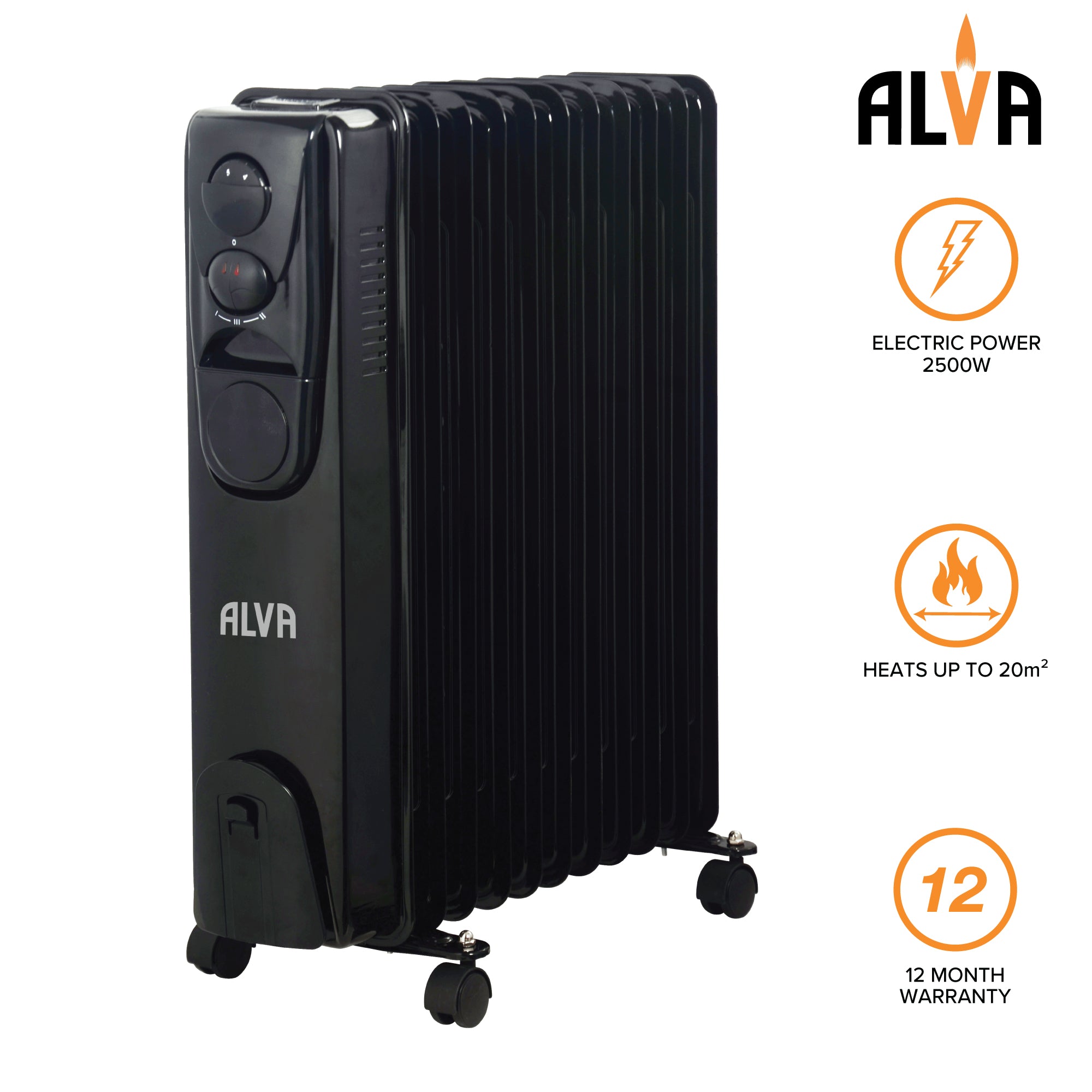 11 Fins 2500W Oil Filled Heater - Glossy Black