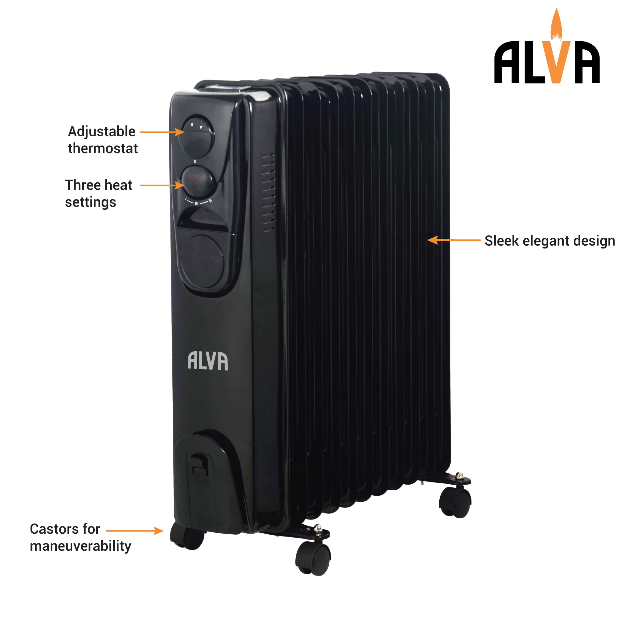 11 Fins 2500W Oil Filled Heater - Glossy Black
