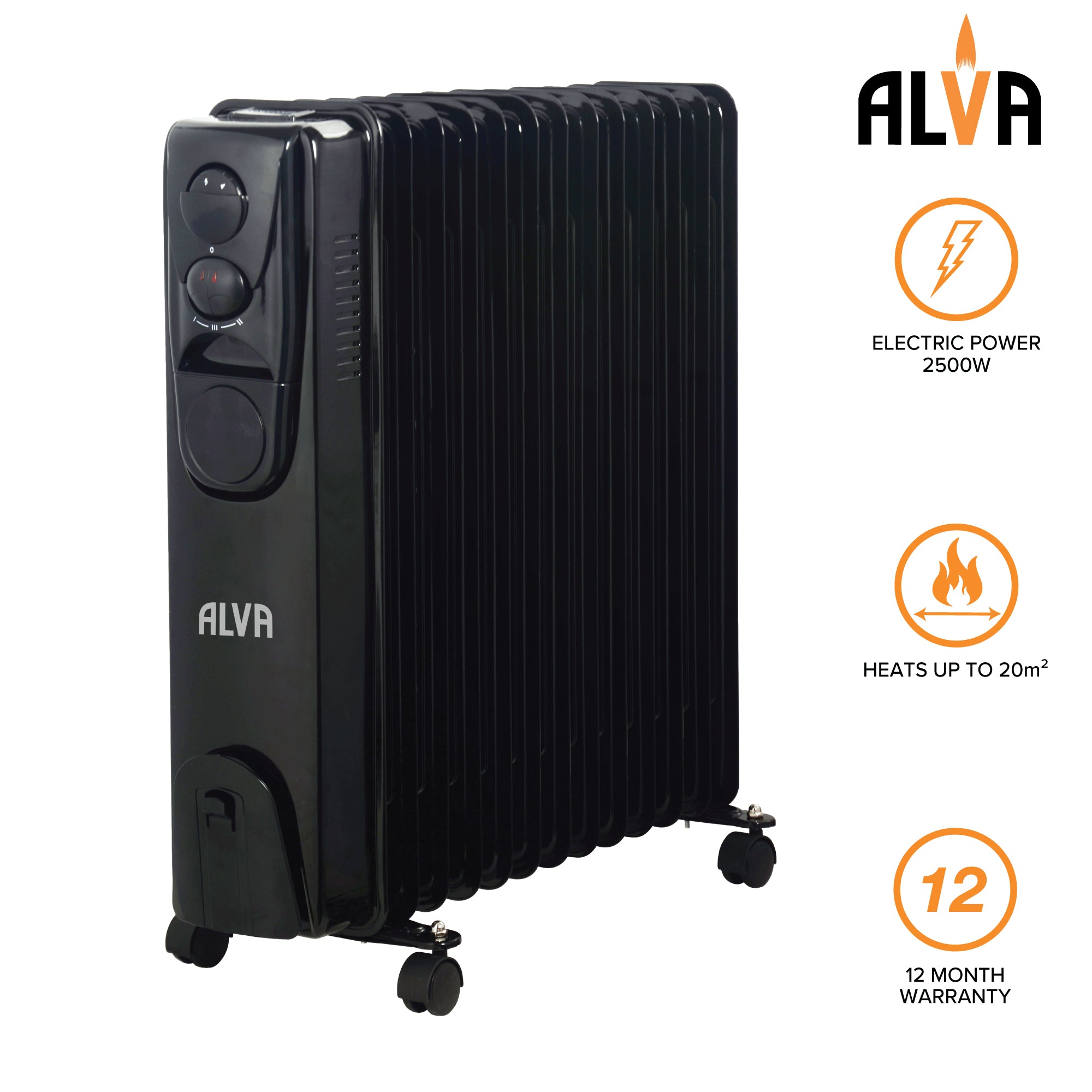 13 Fins 2500W Oil Filled Heater - Glossy Black