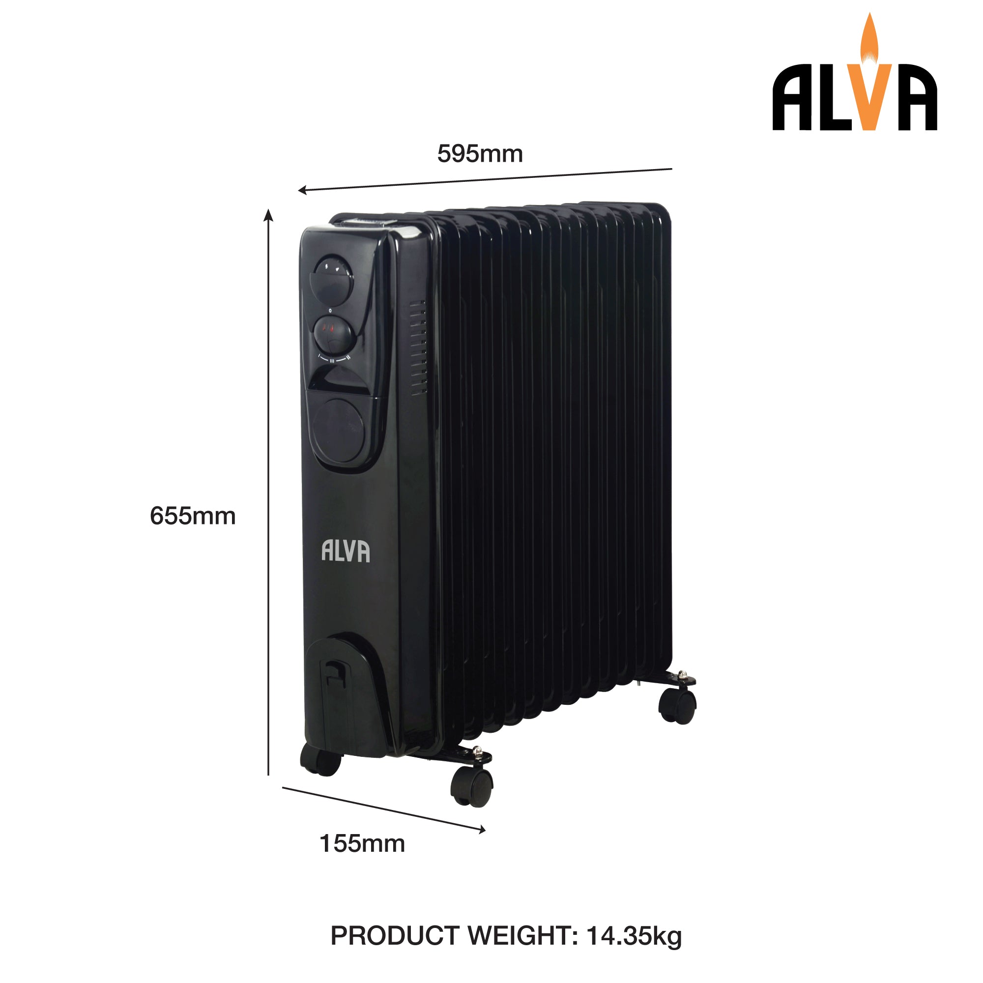 13 Fins 2500W Oil Filled Heater - Glossy Black