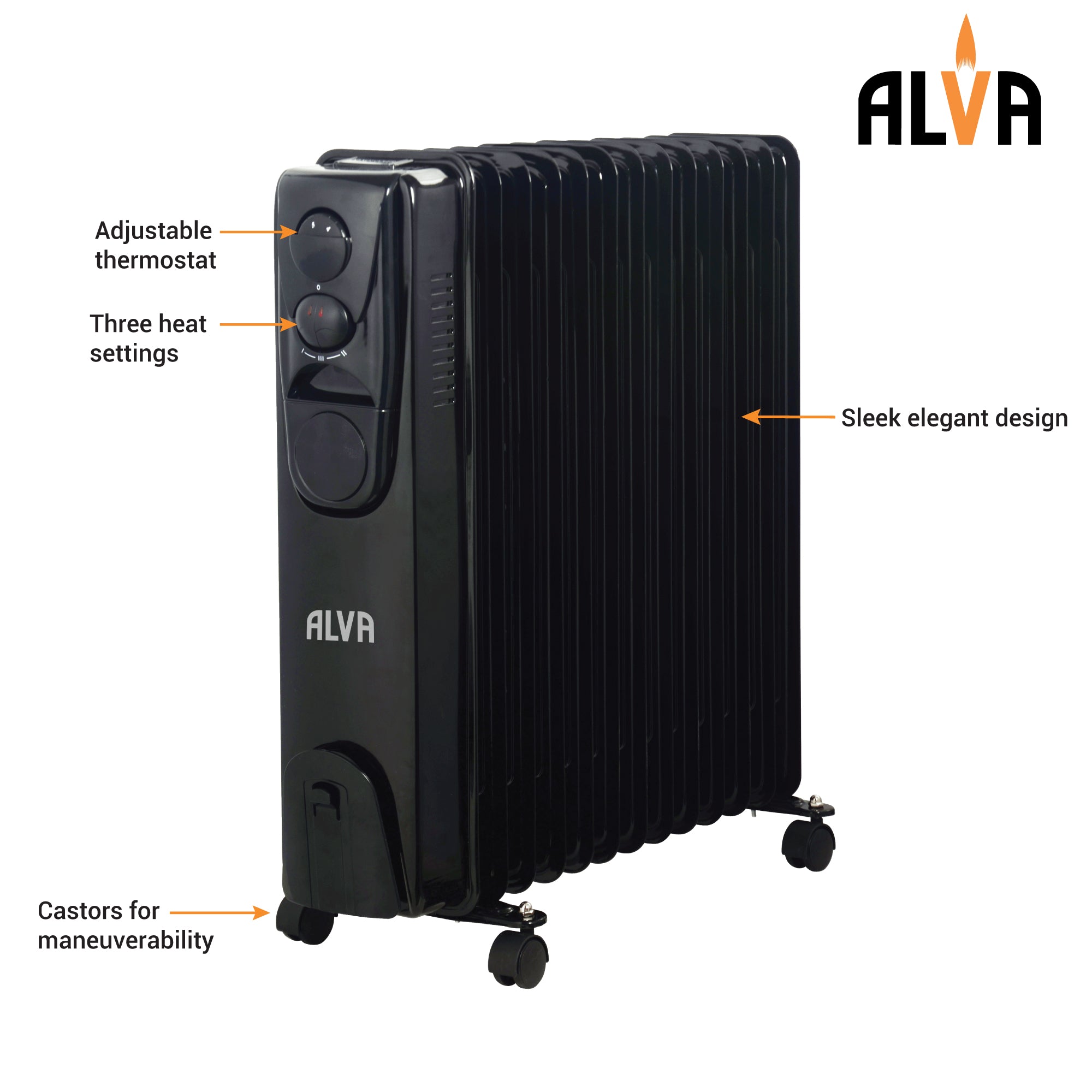 13 Fins 2500W Oil Filled Heater - Glossy Black