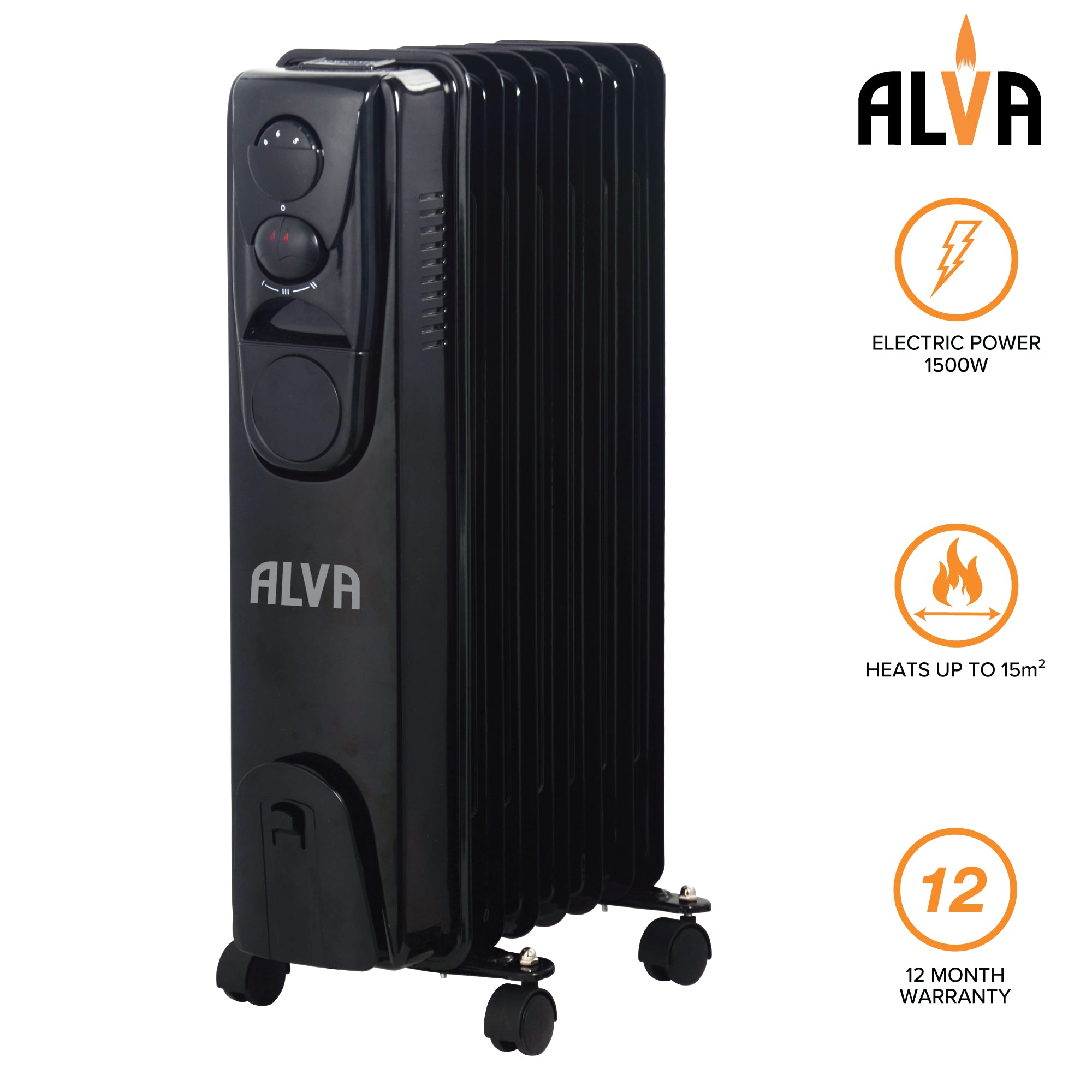 7 Fins 1500W Oil Filled Heater - Glossy Black