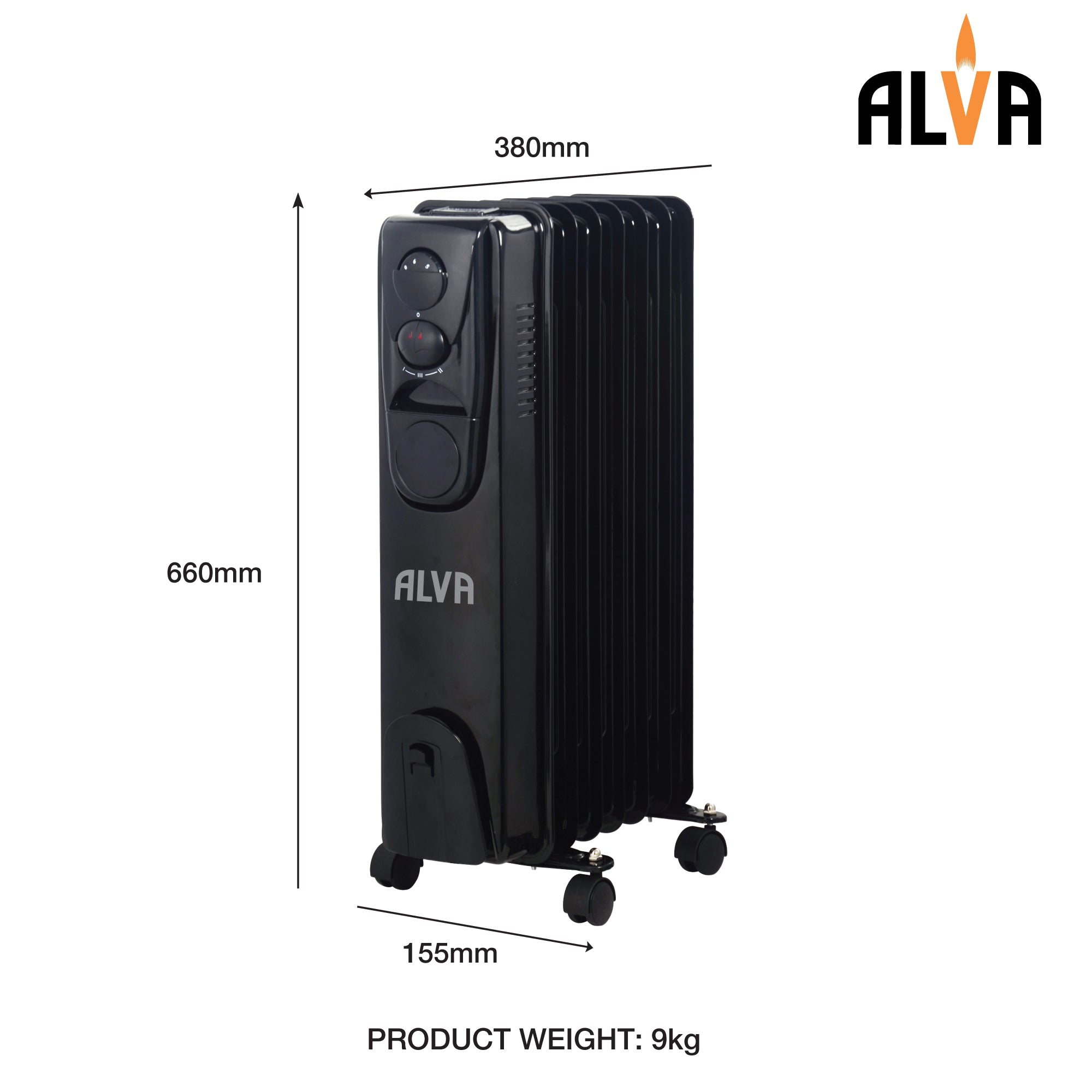 7 Fins 1500W Oil Filled Heater - Glossy Black