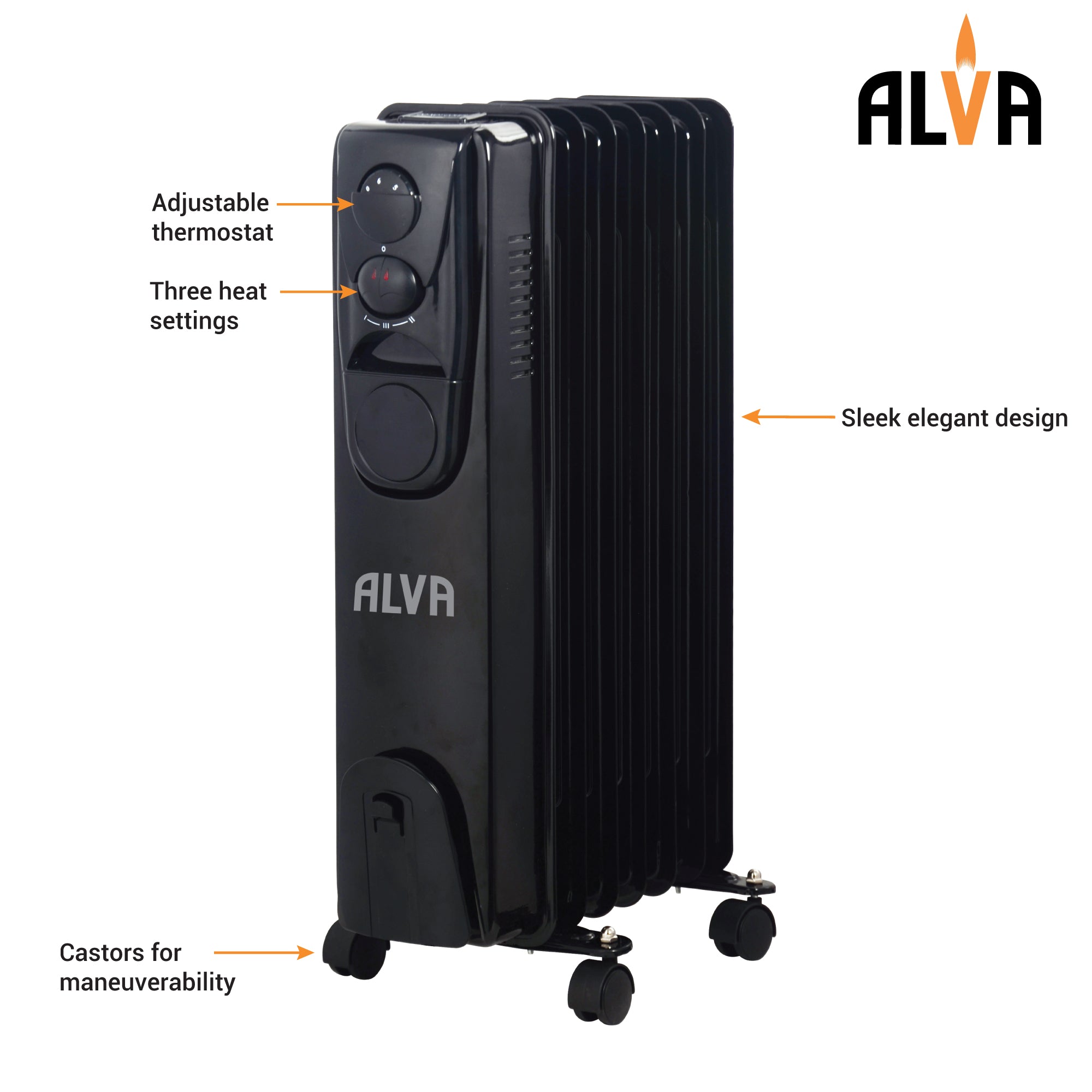 7 Fins 1500W Oil Filled Heater - Glossy Black