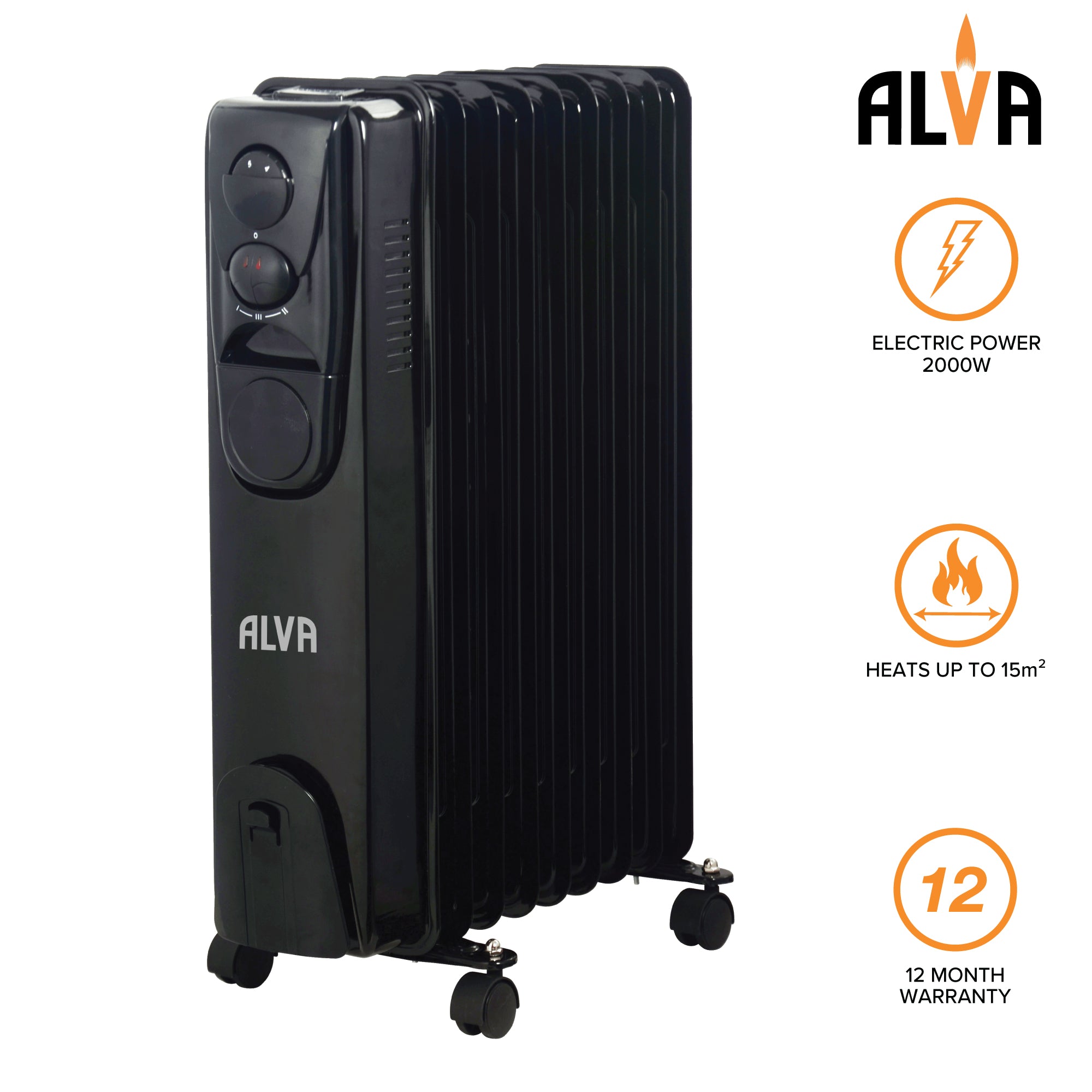 9 Fins 2000W Oil Filled Heater - Glossy Black