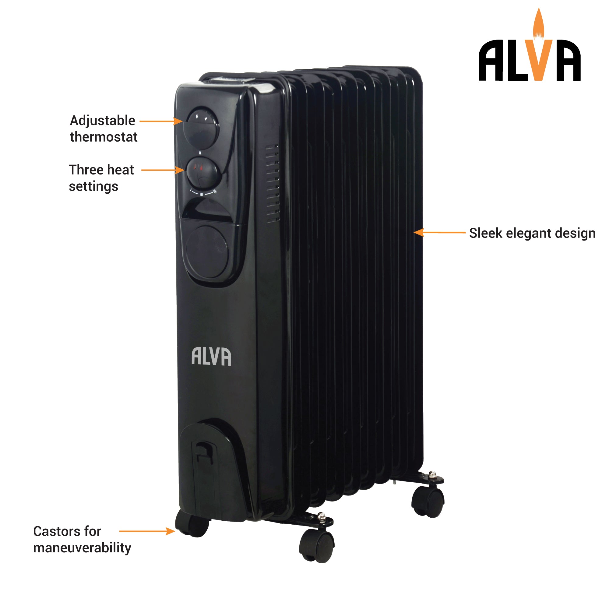 9 Fins 2000W Oil Filled Heater - Glossy Black