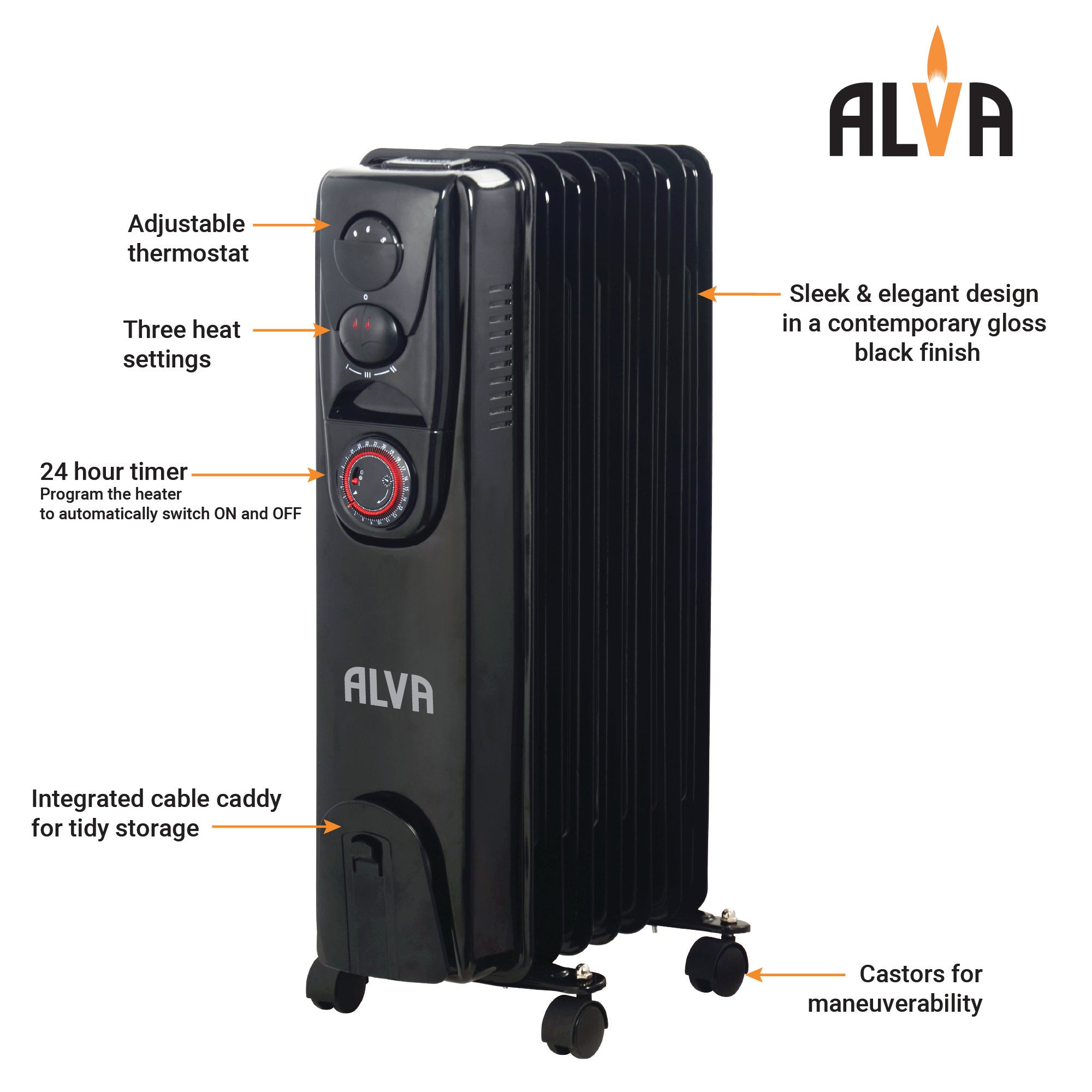 11 Fins 2500W Oil Filled Heater - Timer Function - Glossy Black