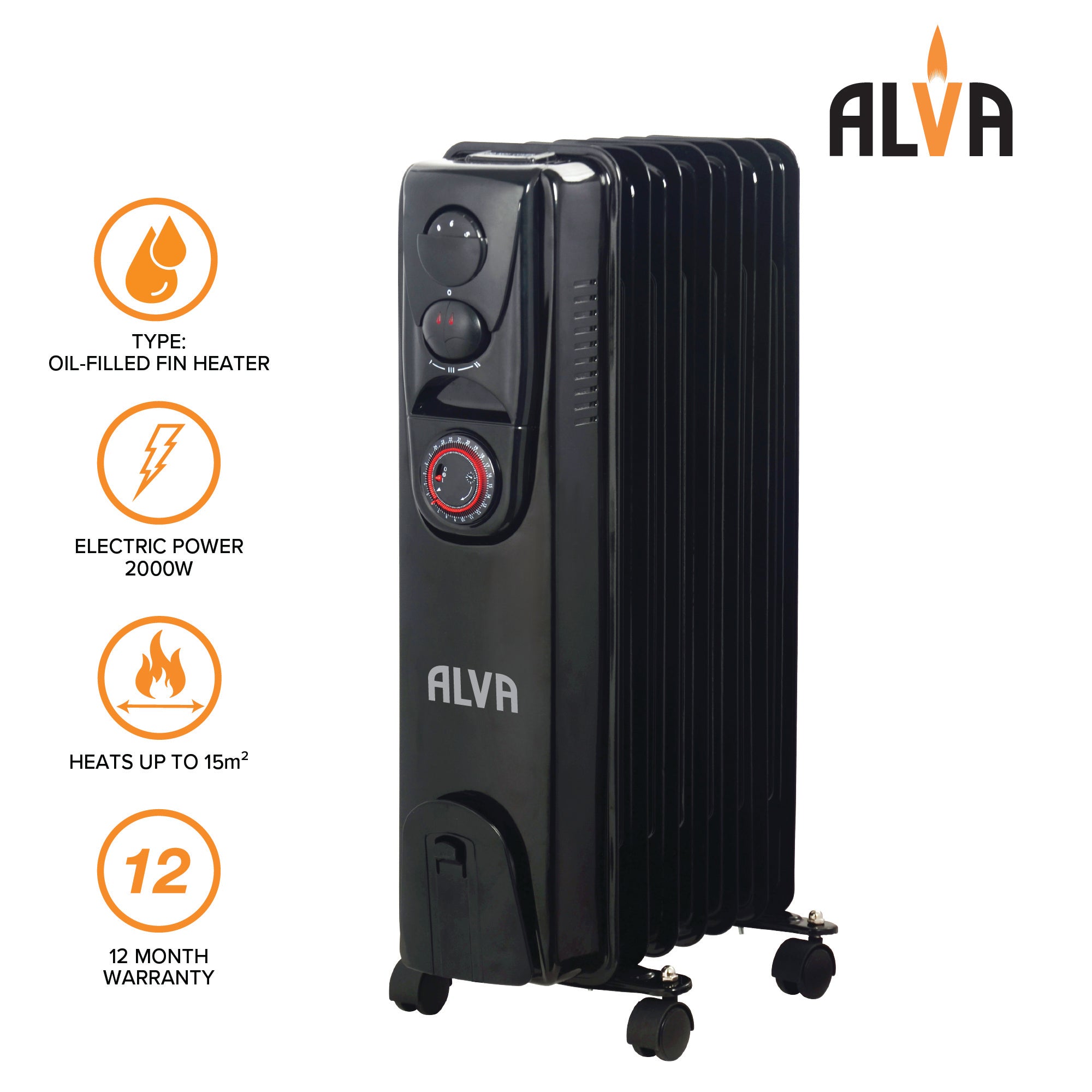 11 Fins 2500W Oil Filled Heater - Timer Function - Glossy Black