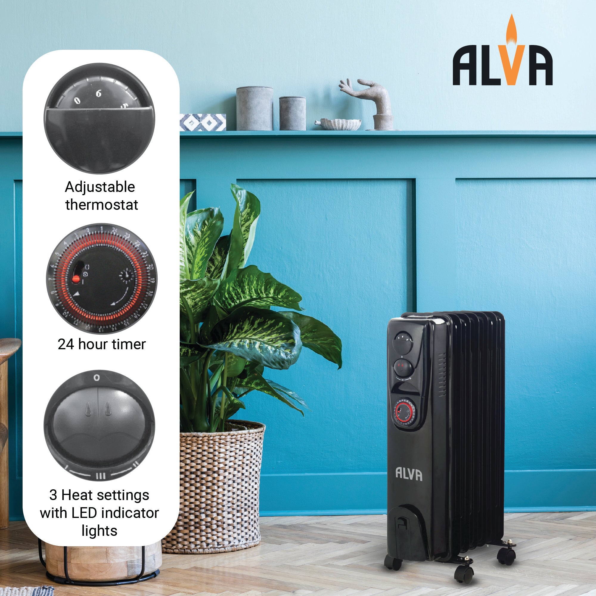 11 Fins 2500W Oil Filled Heater - Timer Function - Glossy Black