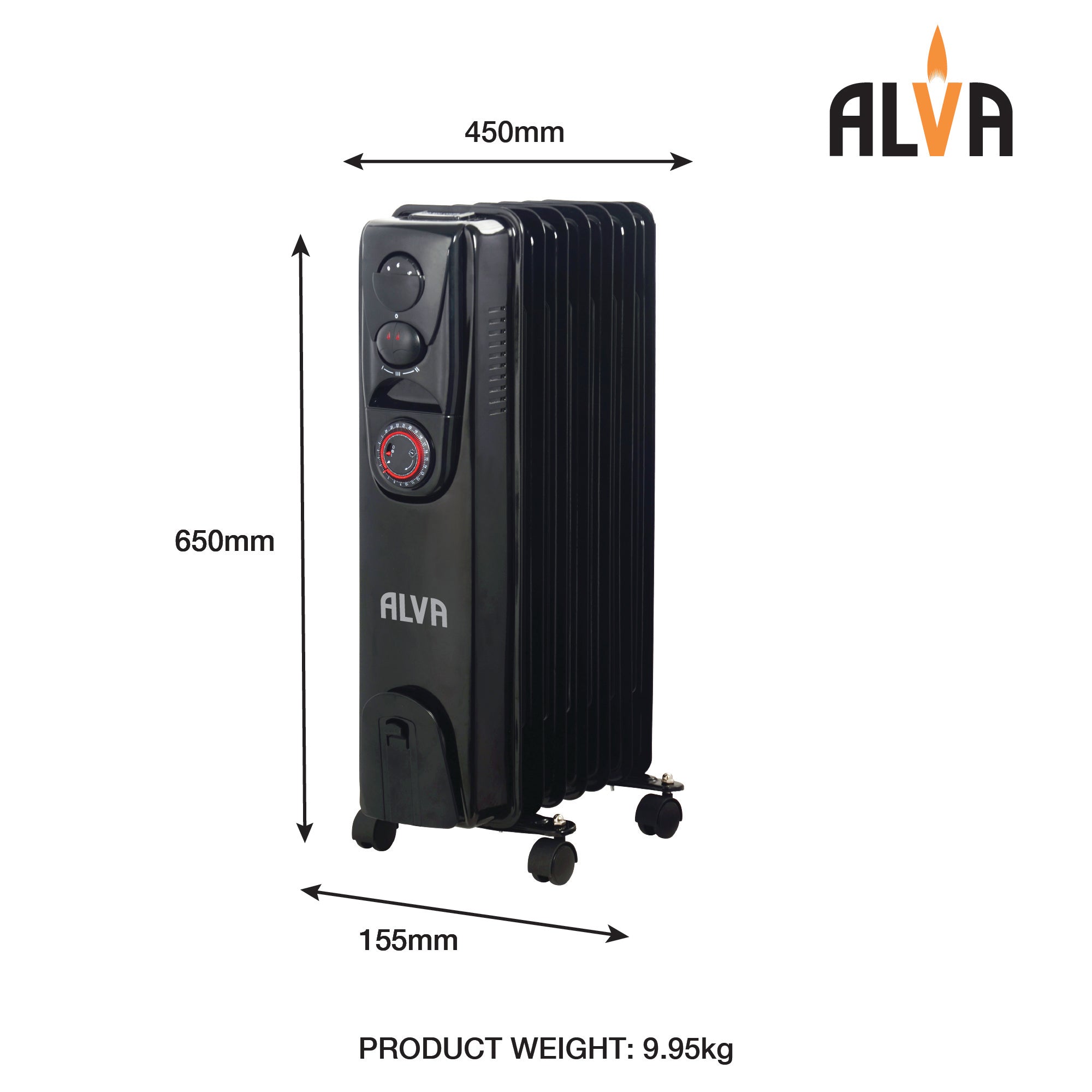 9 Fins 2000W Oil Filled Heater - Timer Function - Glossy Black
