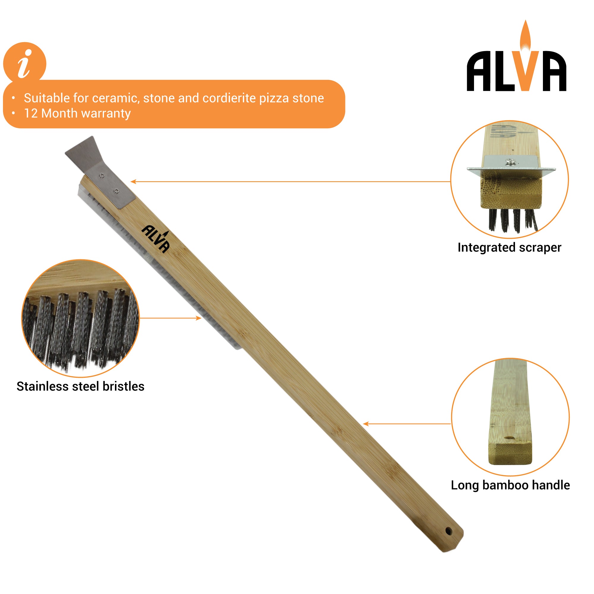 Pizza Oven Metal Bristle Brush with Scraper - 57cm