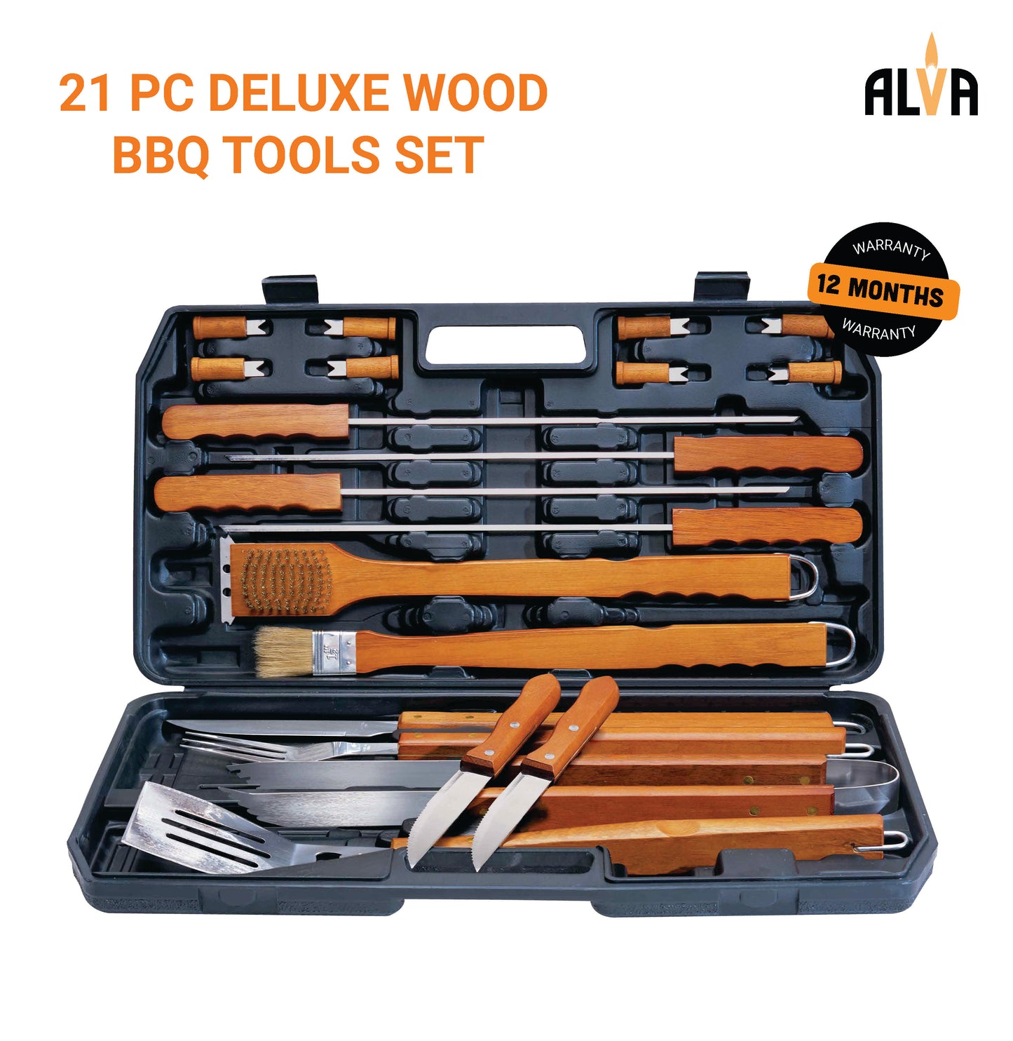 21PC DELUXE WOOD-HANDLED BBQ / BRAAI TOOL SET IN CARRY CASE