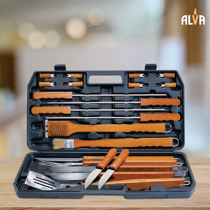 21PC DELUXE WOOD-HANDLED BBQ / BRAAI TOOL SET IN CARRY CASE