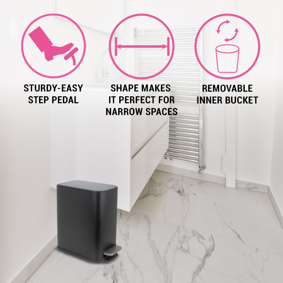 5L Slimline Rectangle Steel Pedal Bin - Matte Black - Trento