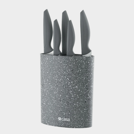 Set of five gray knives in a speckled gray block on a white background 5Pc Knife & Plastic Block - Firenze