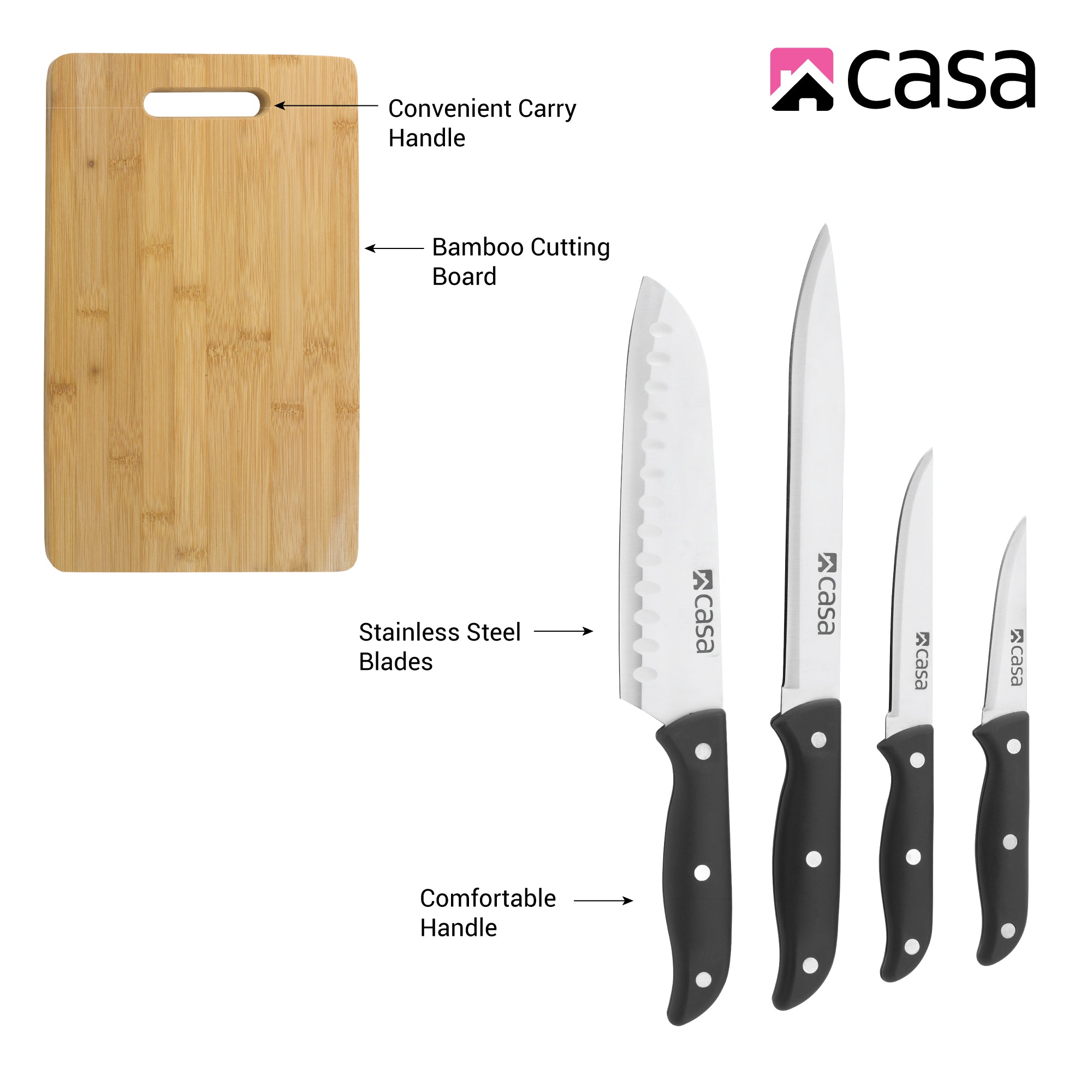 5Pc Knife Set + Bamboo Cutting Board - Verona