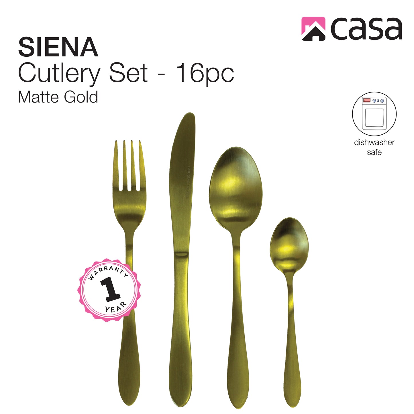 CASA SIENA 16PC CUTLERY SET | STAINLESS STEEL | MATTE GOLD FINISH