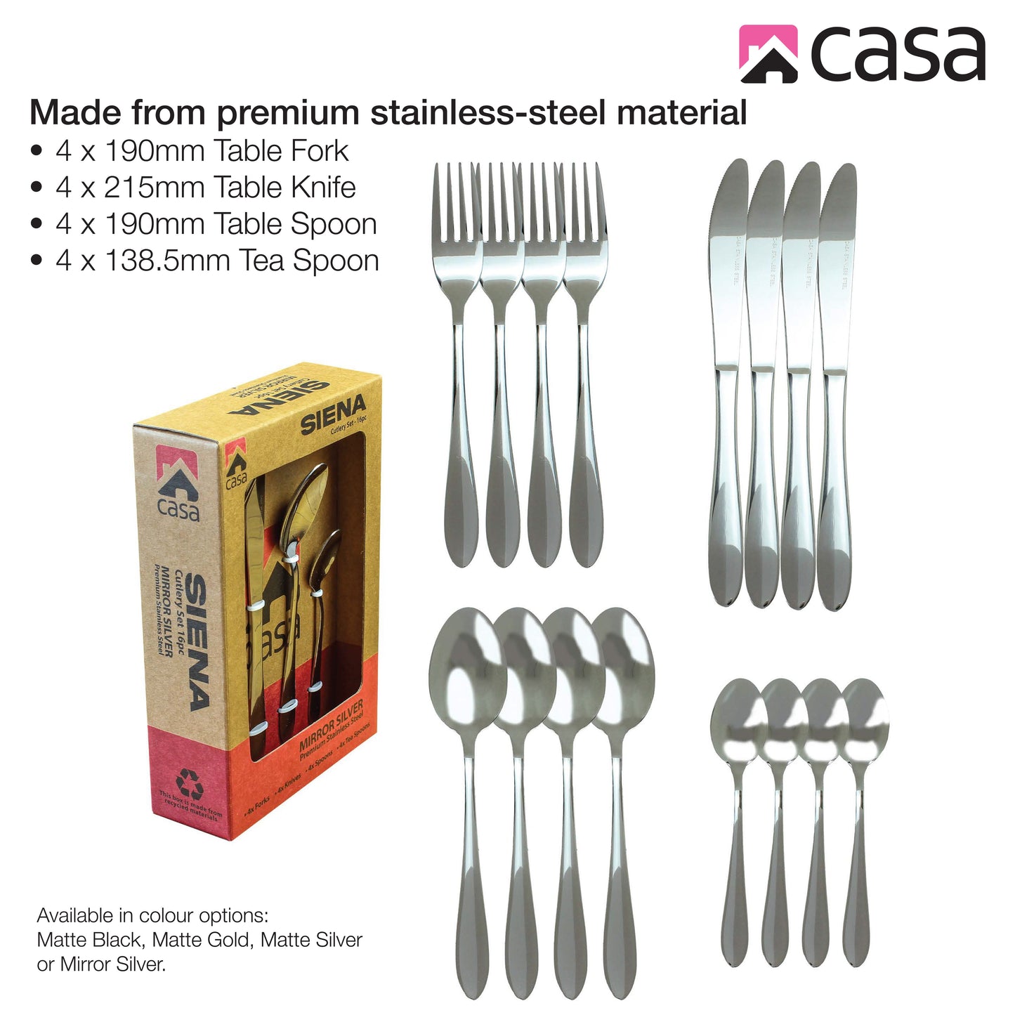 CASA SIENA 16PC CUTLERY SET | STAINLESS STEEL | MIRROR SILVER FINISH