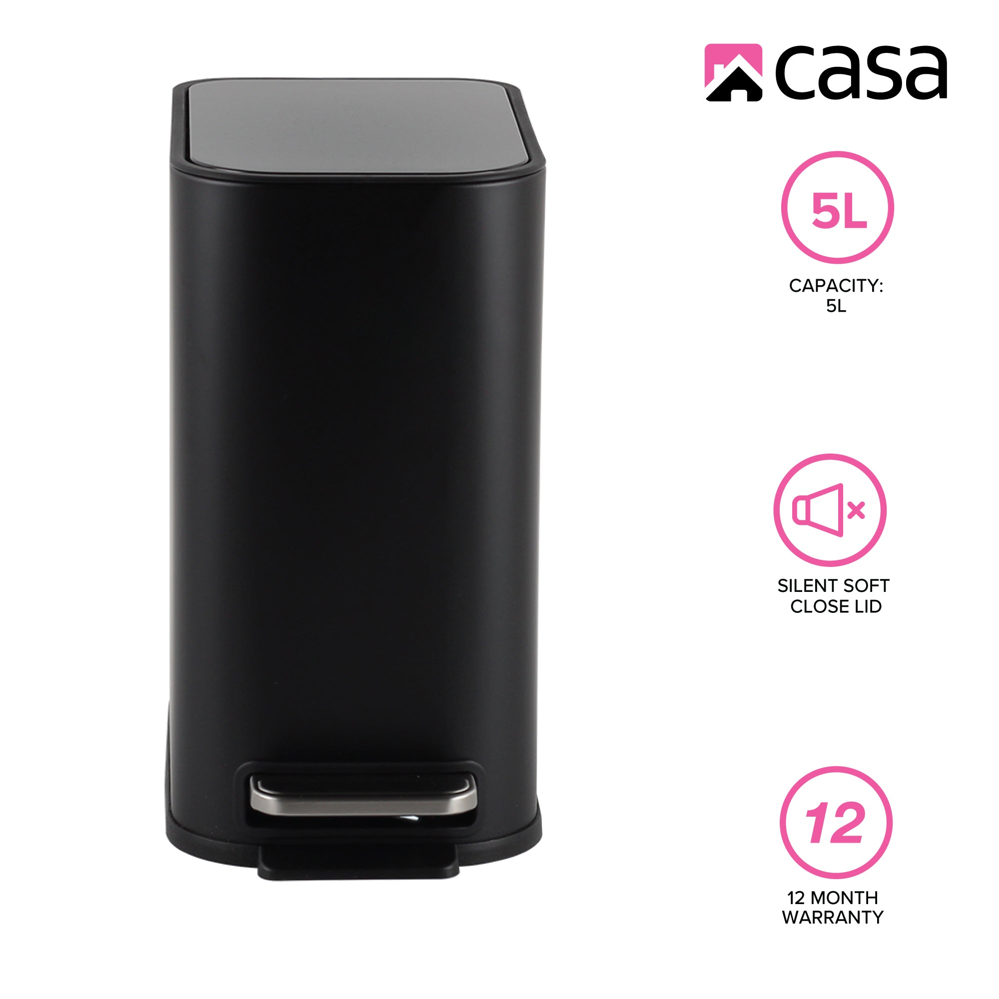 5L Slimline Rectangle Steel Pedal Bin - Matte Black - Trento