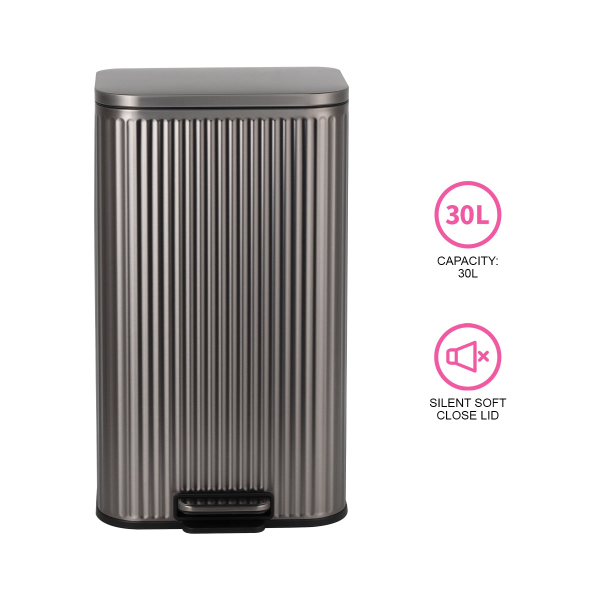 CASA Positano 30L Steel Ribbed Pedal Bin - Metallic Grey