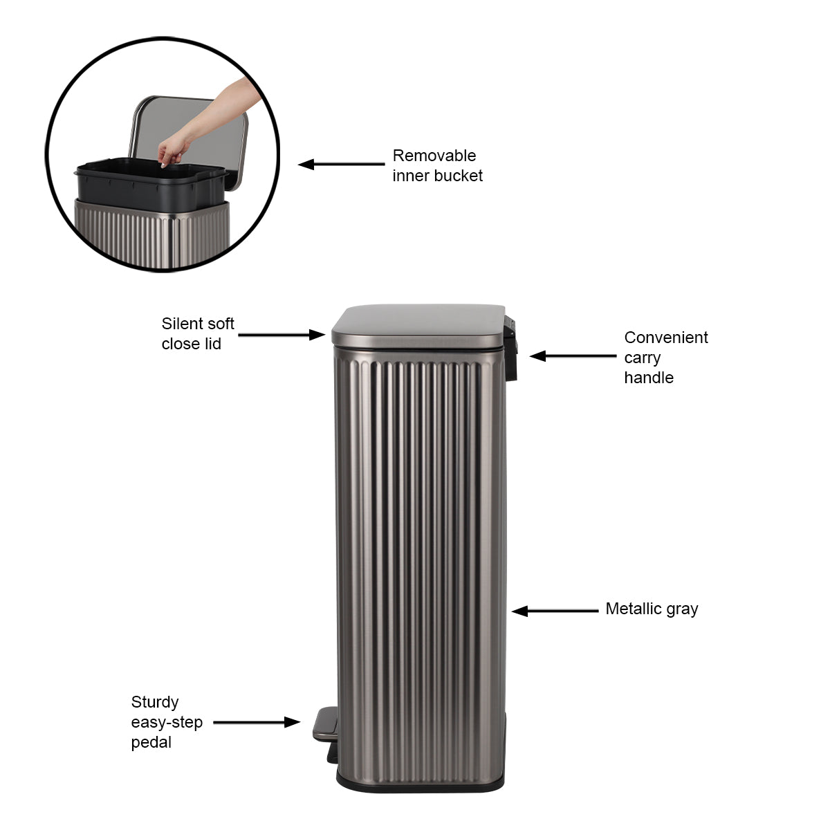 CASA Positano 30L Steel Ribbed Pedal Bin - Metallic Grey