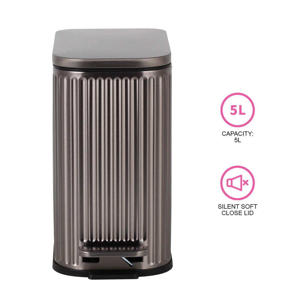 CASA Positano 5L Steel Ribbed Pedal Bin - Metallic Grey