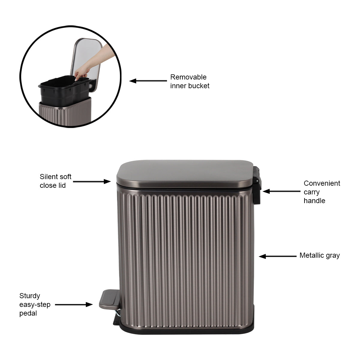 CASA Positano 5L Steel Ribbed Pedal Bin - Metallic Grey